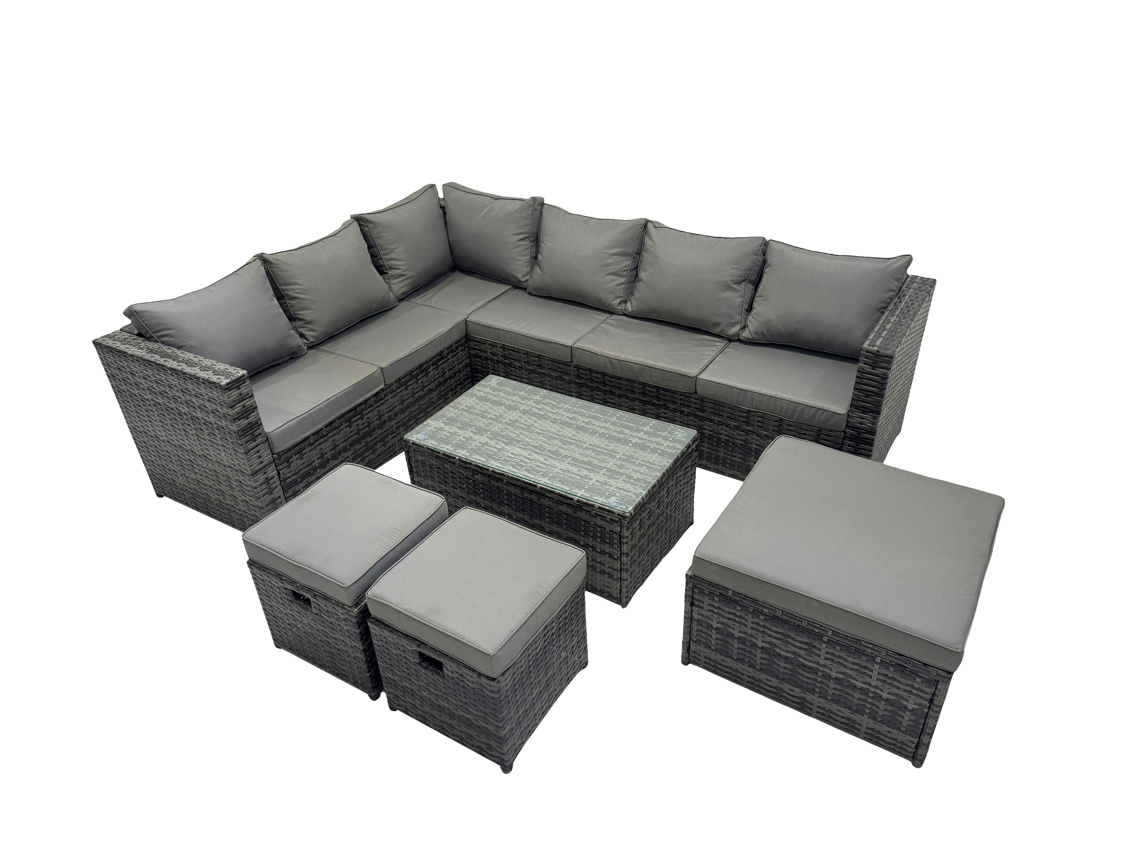 Rackhams Dark/Grey Outdoor Rattan Rectangular Coffee Table Corner Sofa Sets Garden Furniture Set With 3 Stools Mixed