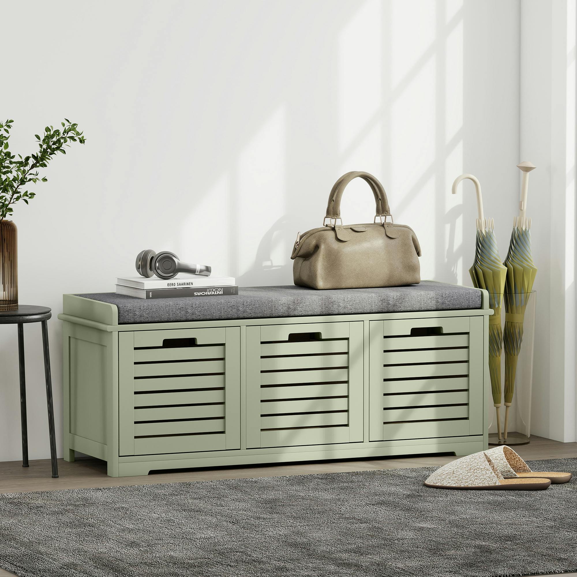 Rackhams Green 3-Door Shoe Storage Bench Cushion Seat Slatted Doors, - Mdf, Polyester, Sponge - 1