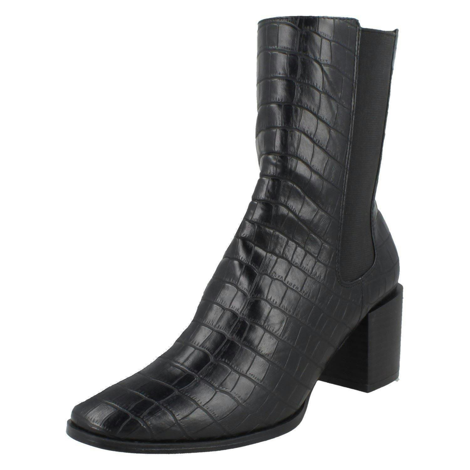 Spot On Women's Black Chunky Blocked Heel Ankle Boots F51128 - Croc Print - Uk 5