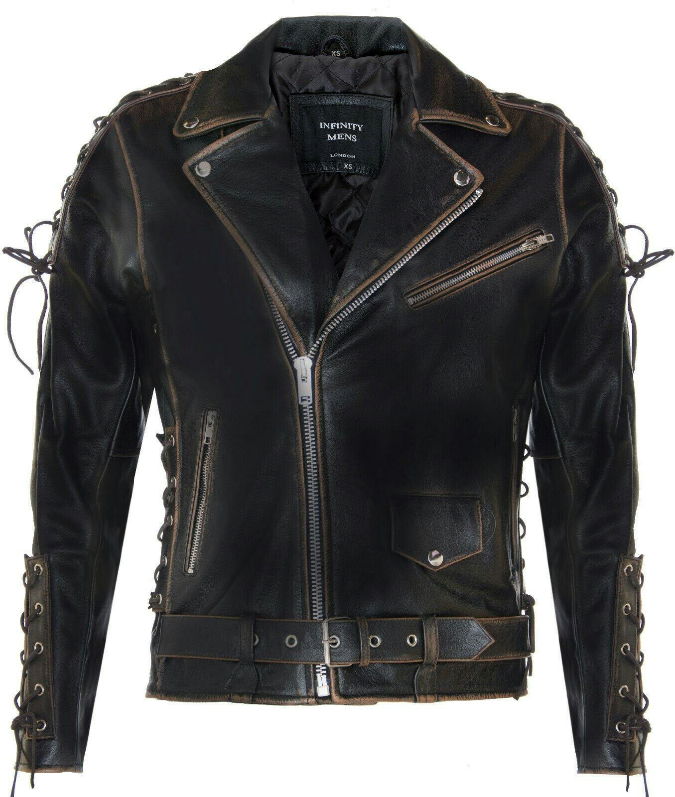Infinity Leather Men's Black Embossed Brando Leather Biker Jacket-Chicago - Vintage - Uk Xs | Eu 44 | Us 34