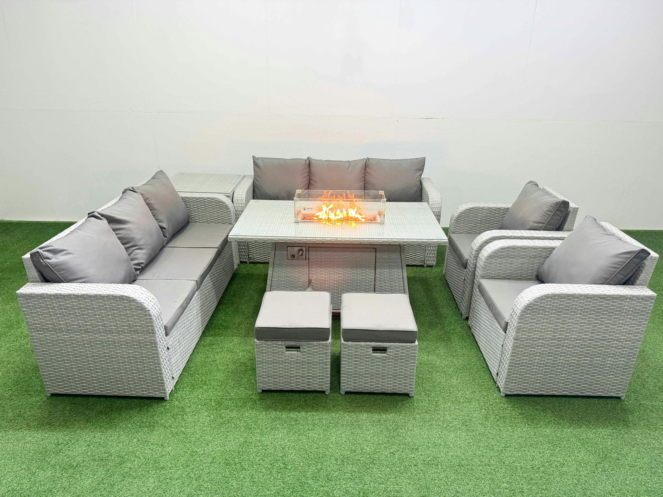 Rackhams Light/Grey Pe Rattan High Back Lounge Sofa Set Patio Fire Pit Dining Table & Chairs Set With 3 Seater Sofa Reclining Chair Stools Side Table