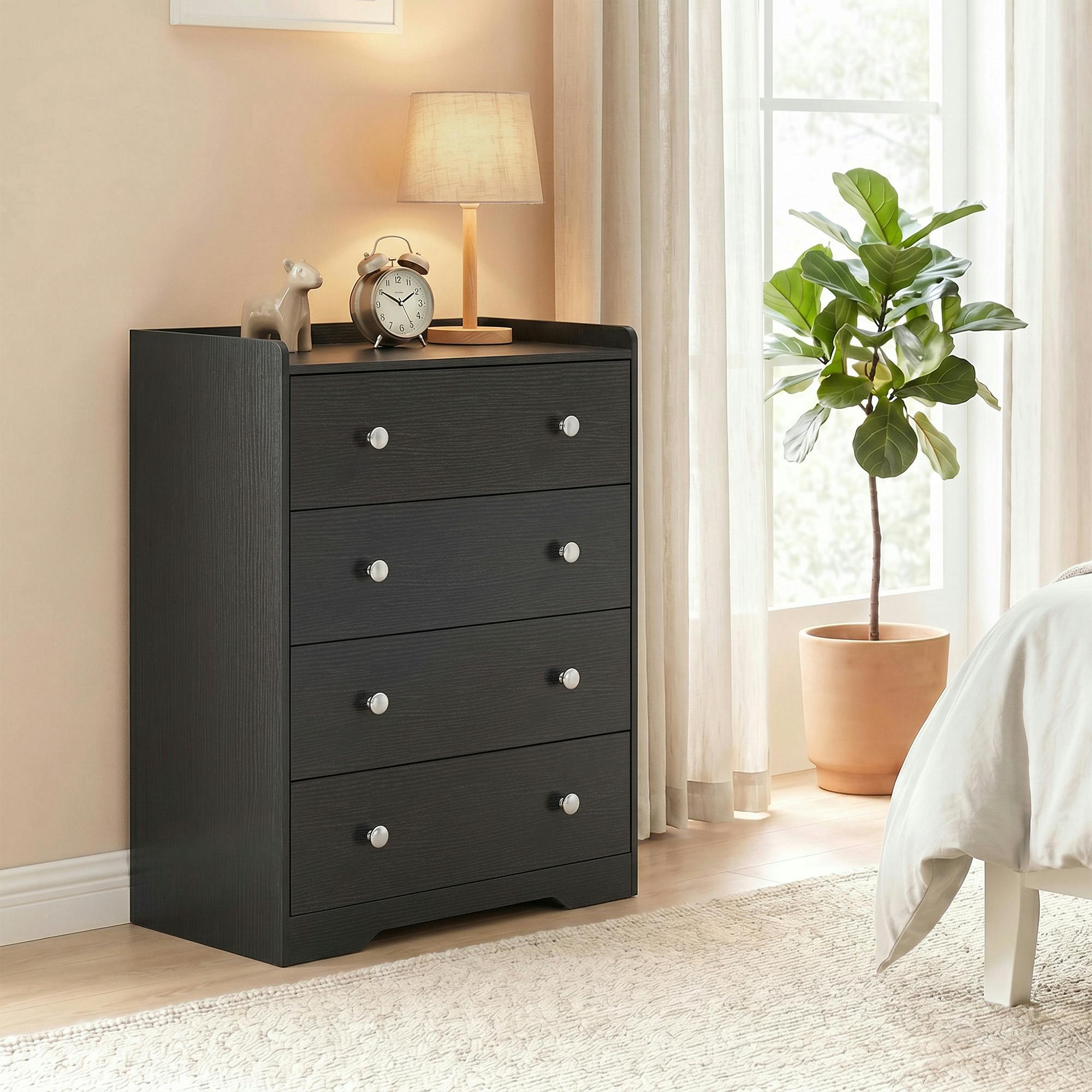 Rackhams Black 4 Drawer Chest Of Drawers, Storage Cabinet - Wood Effect