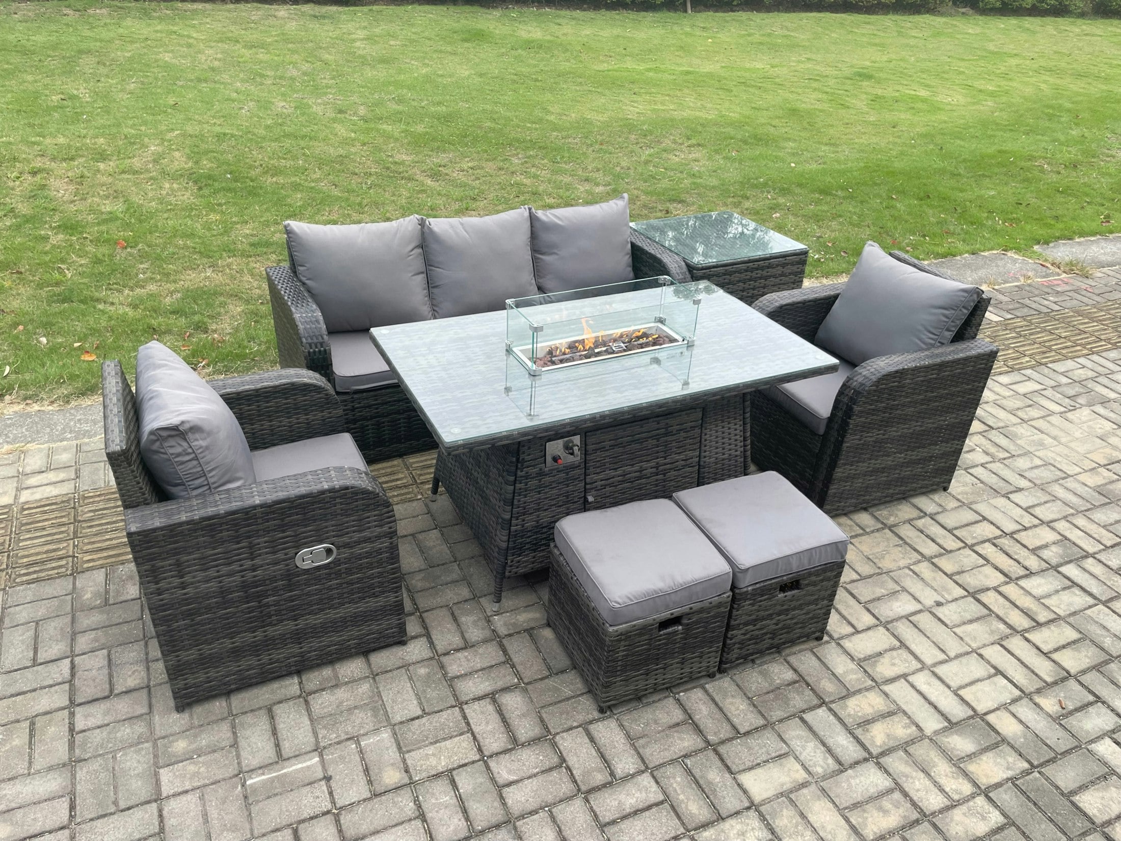 Fimous Dark/Grey Outdoor Rattan Garden Furniture Set Propane Gas Fire Pit Table Burner With Lounge Sofa Side Tables 2 Small Footstool