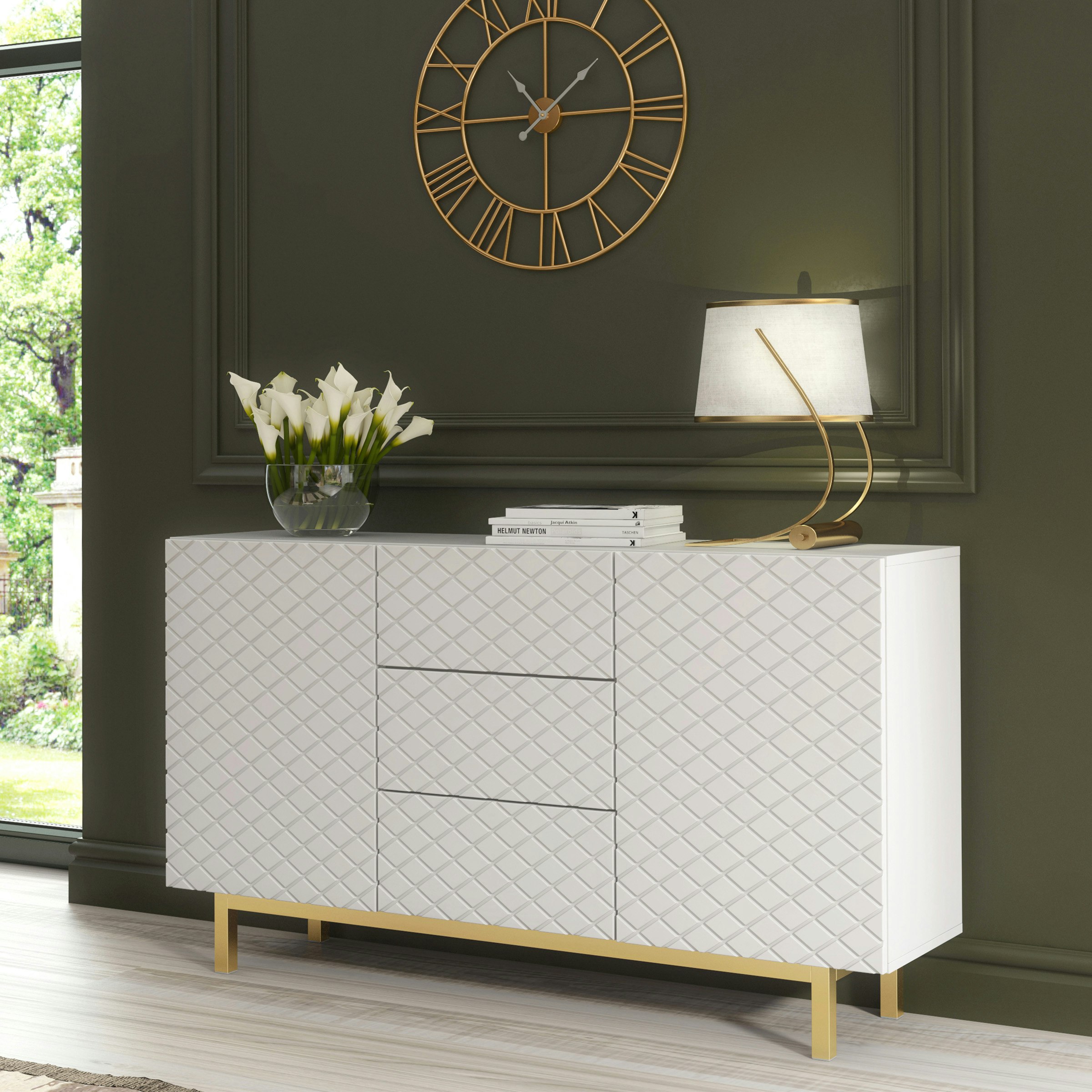 Rackhams White/Gold Matt Sideboard 140Cm Diamond Pattern With Legs - 140 Cm - Mdf/Chipboard