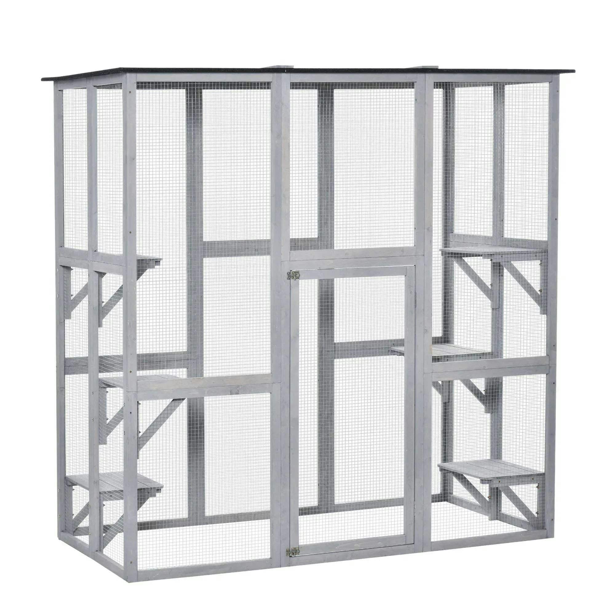 Pawhut Light Grey Wooden Cat House W/ Platforms, Cat Cage For Multiple Kittens In - Image 5
