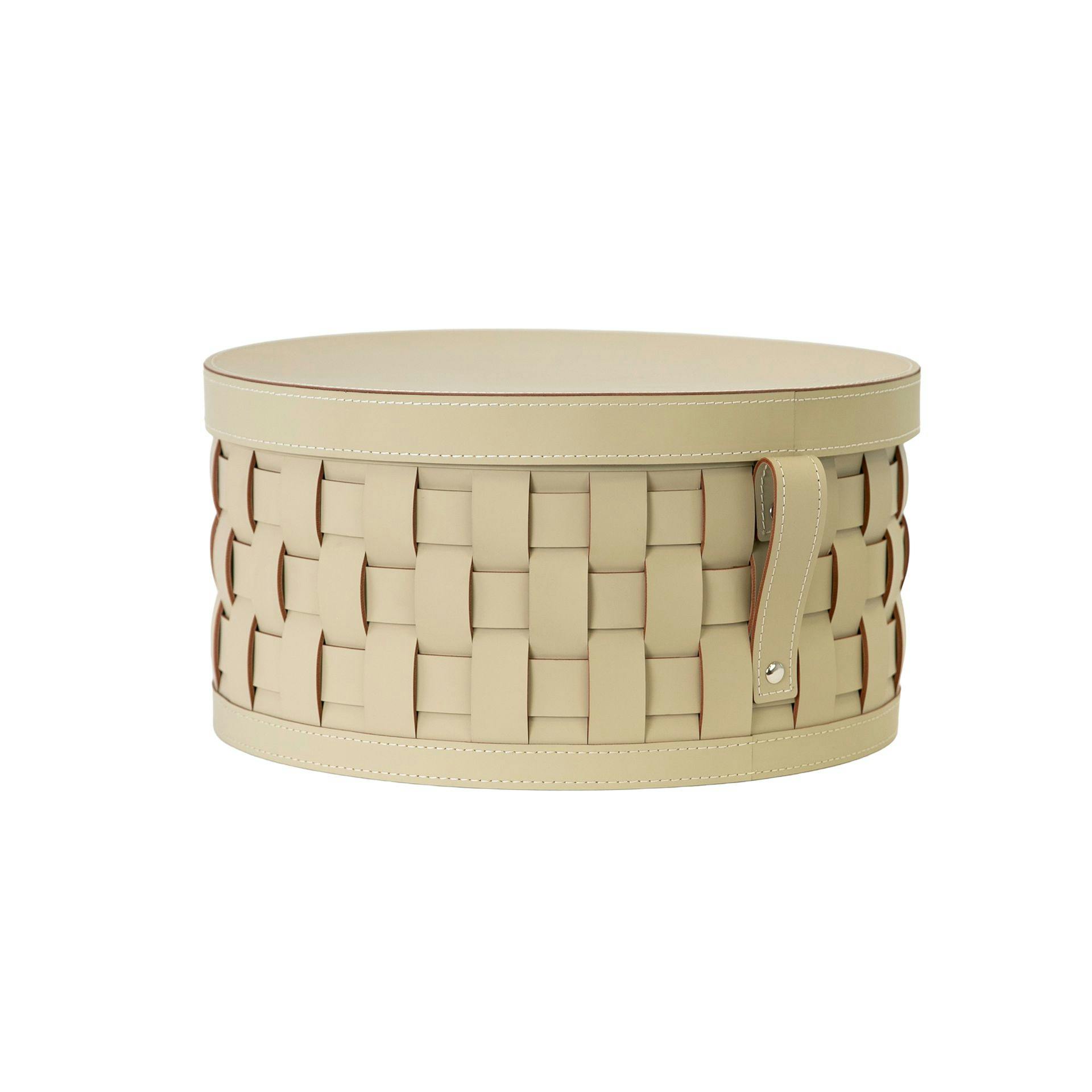 Rackhams Round Decorative Storage Basket In Sand-Coloured Regenerated Leather With Lid 3304
