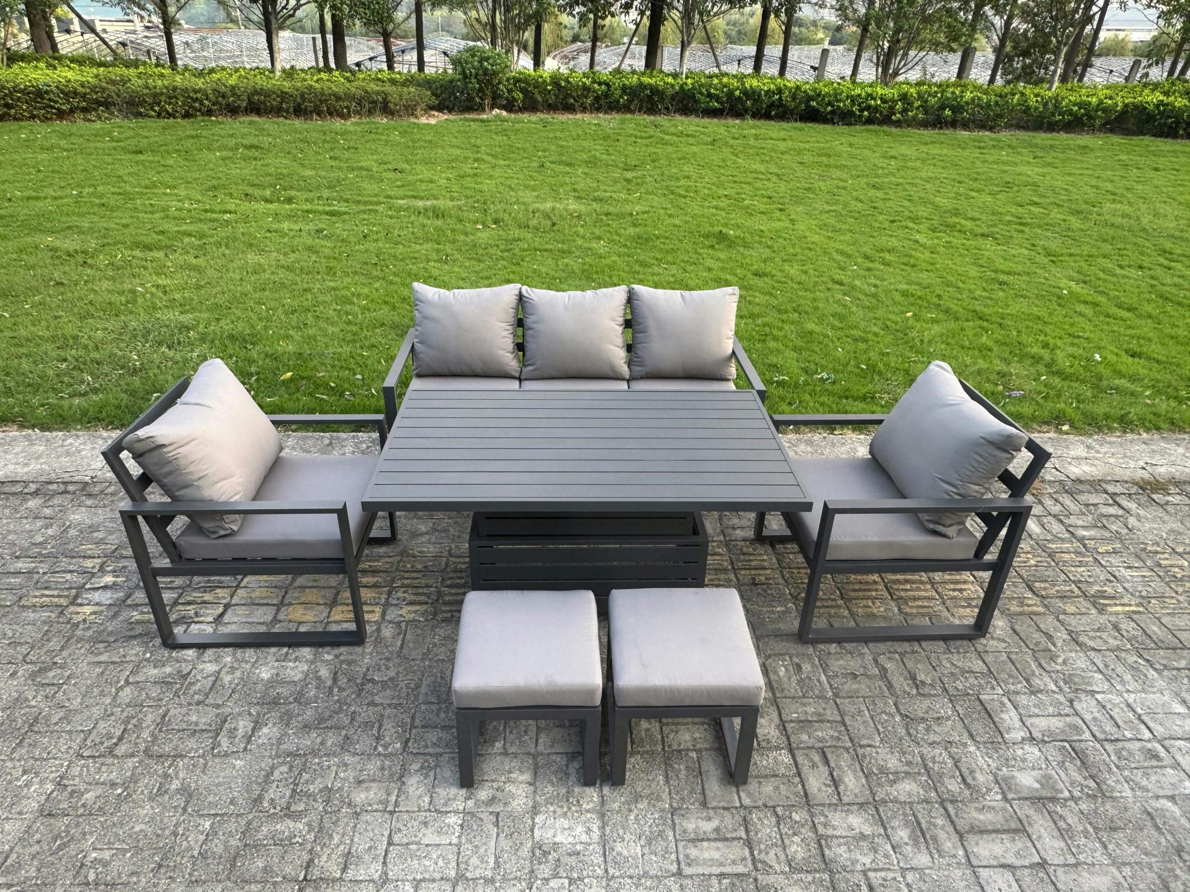 Fimous Dark/Grey 6-Piece Aluminium Garden Furniture Sets 7 Seater Outdoor Sofa Set With Adjustable Rising Lifting Dining Table 2 Chairs 2 Small Footstools