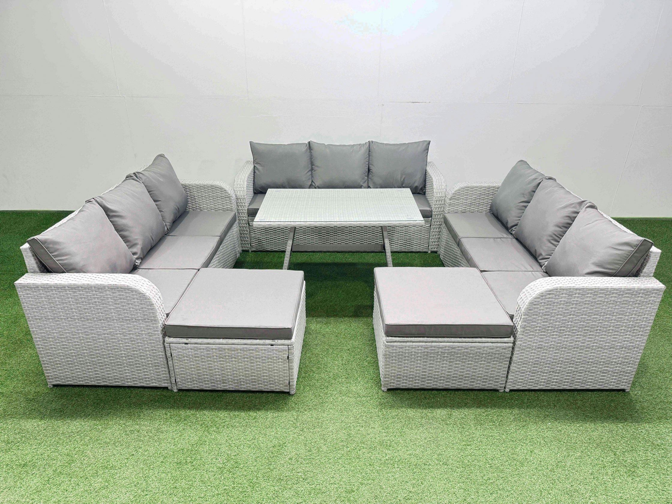 Rackhams Light/Grey 11 Seat Outdoor Pe Rattan Garden Furniture With Cushions 3 Seater Sofa 2 Big Stools