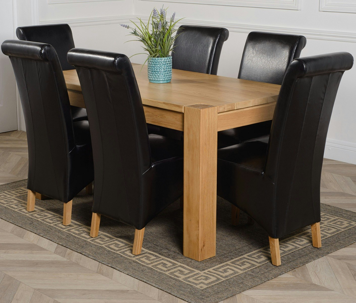 That's Furniture Black Kuba Medium Oak Dining Table With Montana Leather Chairs - 6 Chairs