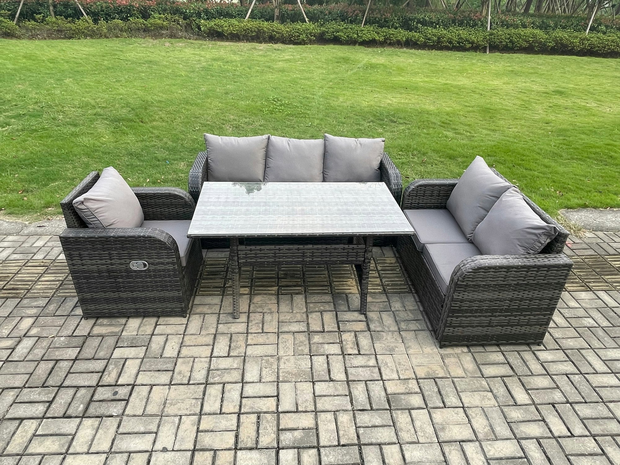 Rackhams Dark/Grey 6 Seater Garden Rattan Furniture Dining Table Sofa Set Indoor Outdoor With Reclining Chairs Mixed