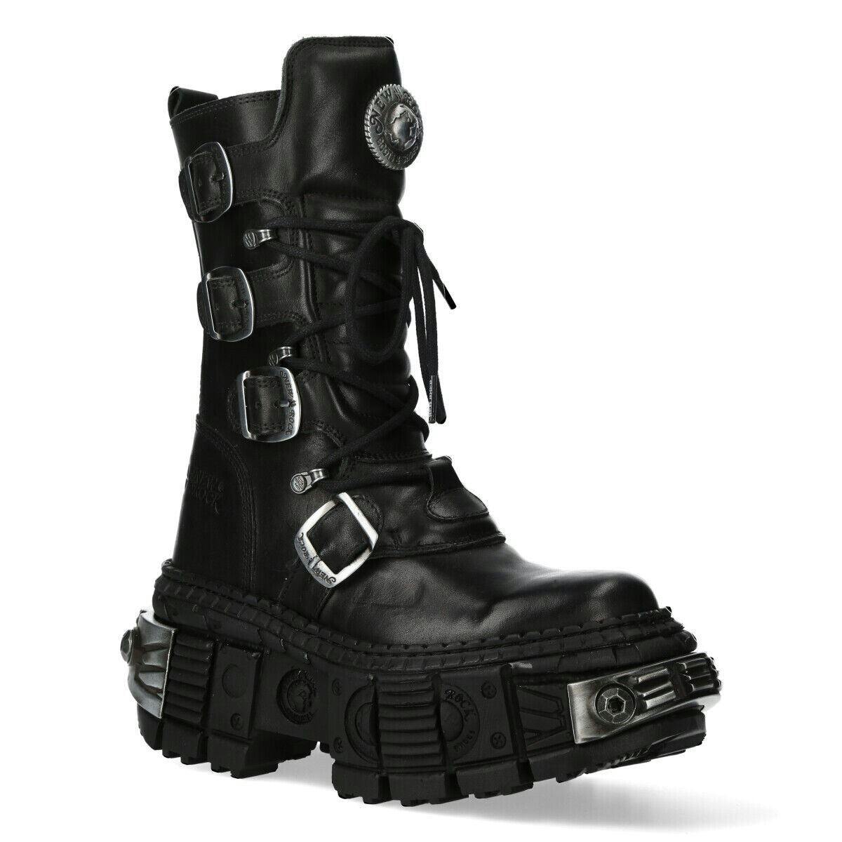 New Rock Unisex Black Mid Calf Gothic Leather Boots-Wall1473-S3 - Uk 6 | Eu 39 | Us 8.5