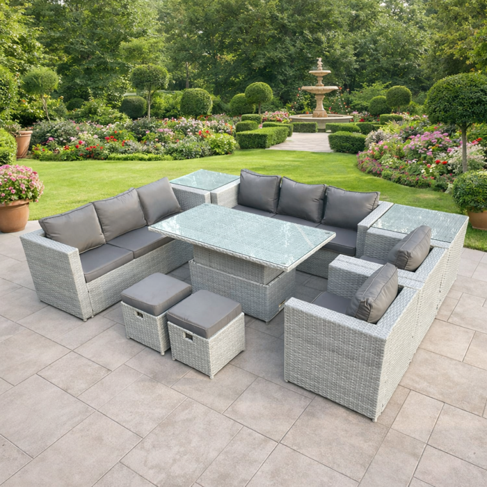 Rackhams Light/Grey Rattan Garden Furniture Set With Adjustable Rising Table, 2 Sofas, 2 Chairs, 2 Side Tables & 2 Stools - 10 Seater