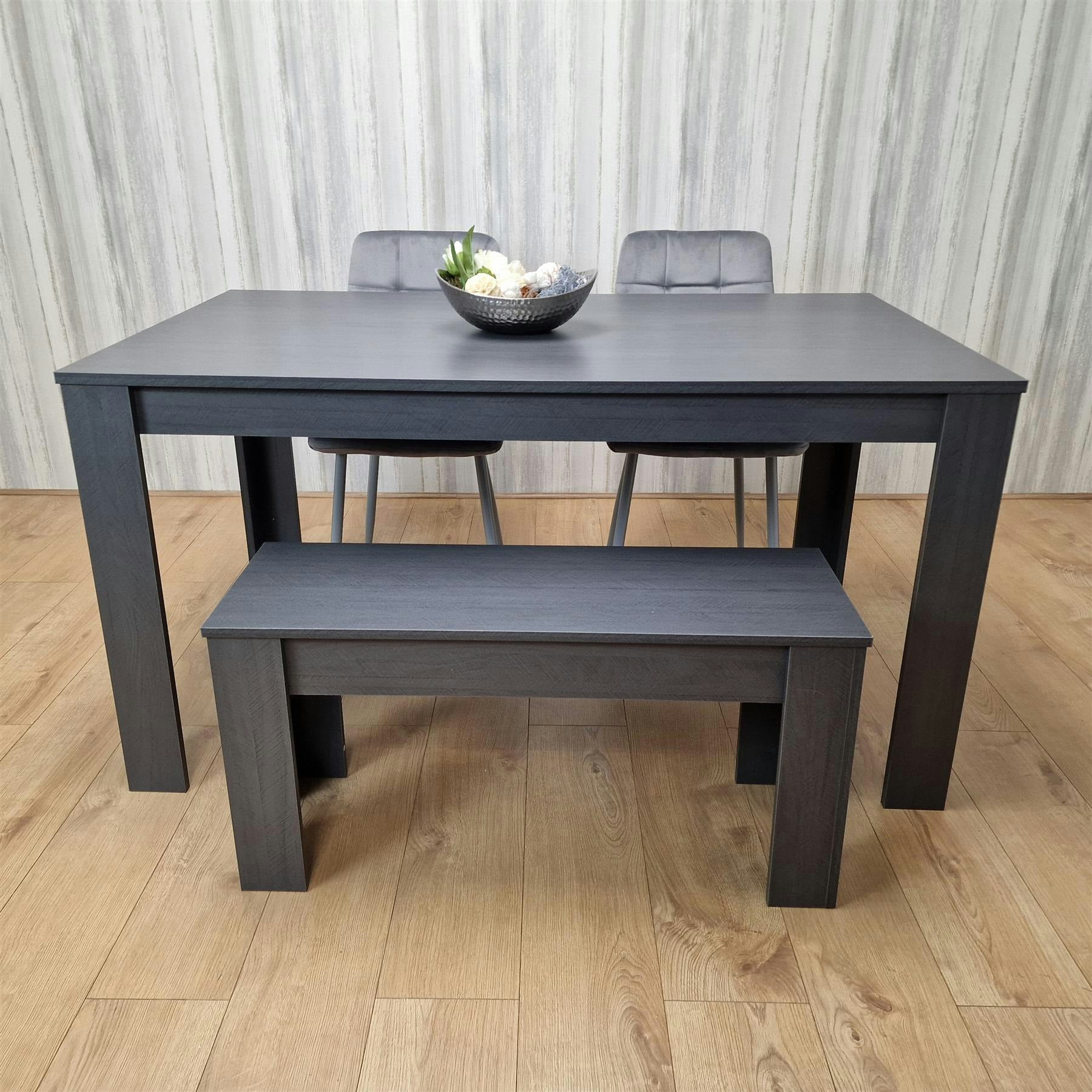 Kosy Koala Dining Table Set with 2 Grey Chairs and Dark Grey Bench - Wooden Dark Grey Arrow Design, Velvet Chairs - Image 5