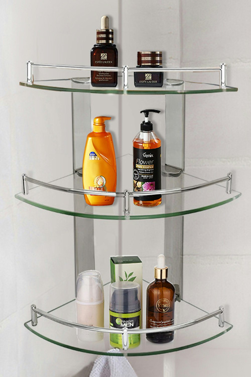 Rackhams Silver 3 Tiers Tempered Glass Corner Shelf With Steel Bathroom Rail Wall Mounted