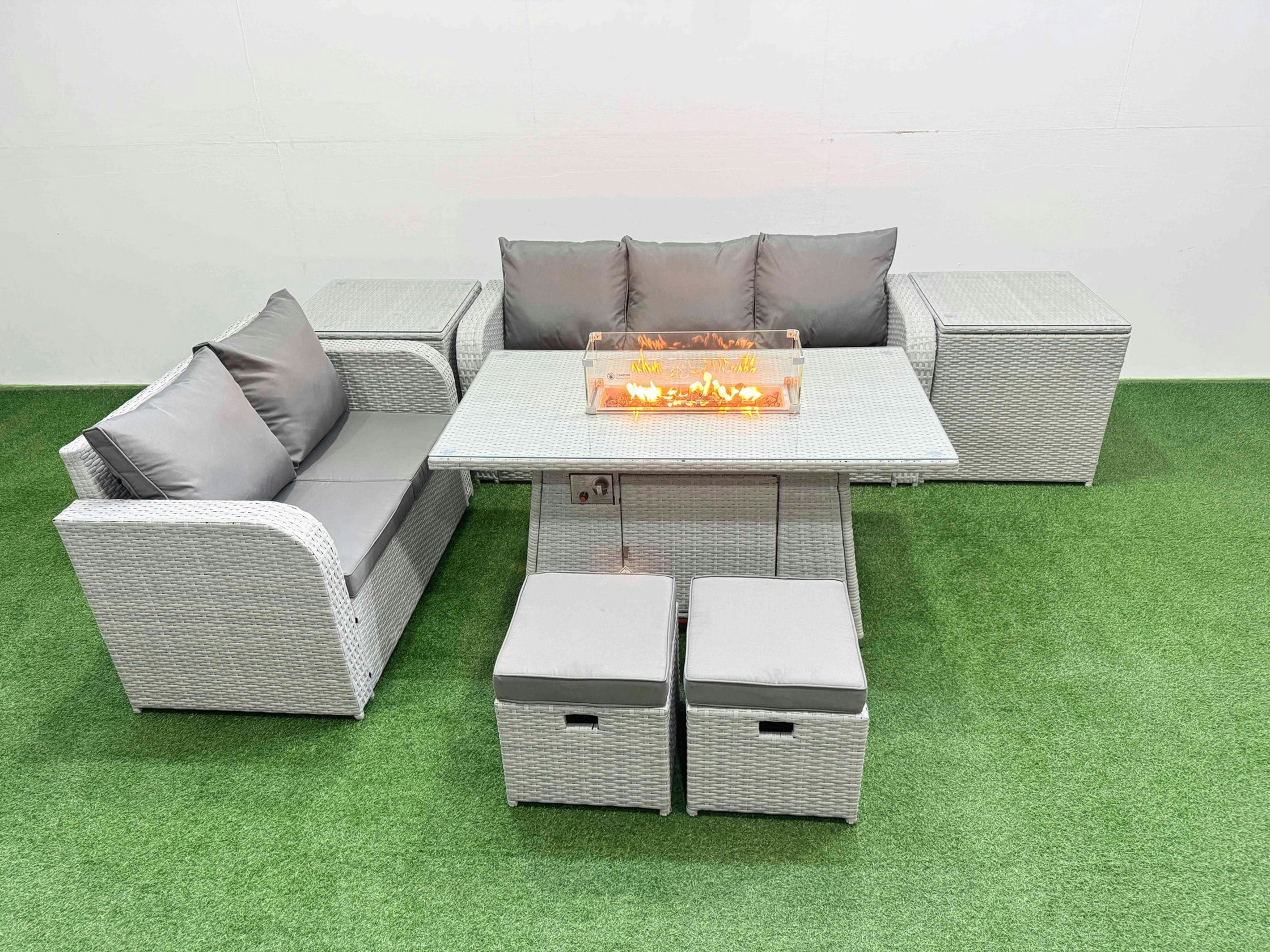 Rackhams Light/Grey/Dark 7 Seater Pe Rattan Wicker Garden Furniture Patio Conservatory Sofa Set With Fire Pit Dining Table 3 Seater Sofa Love Sofa 2 Stools 2 Side Table