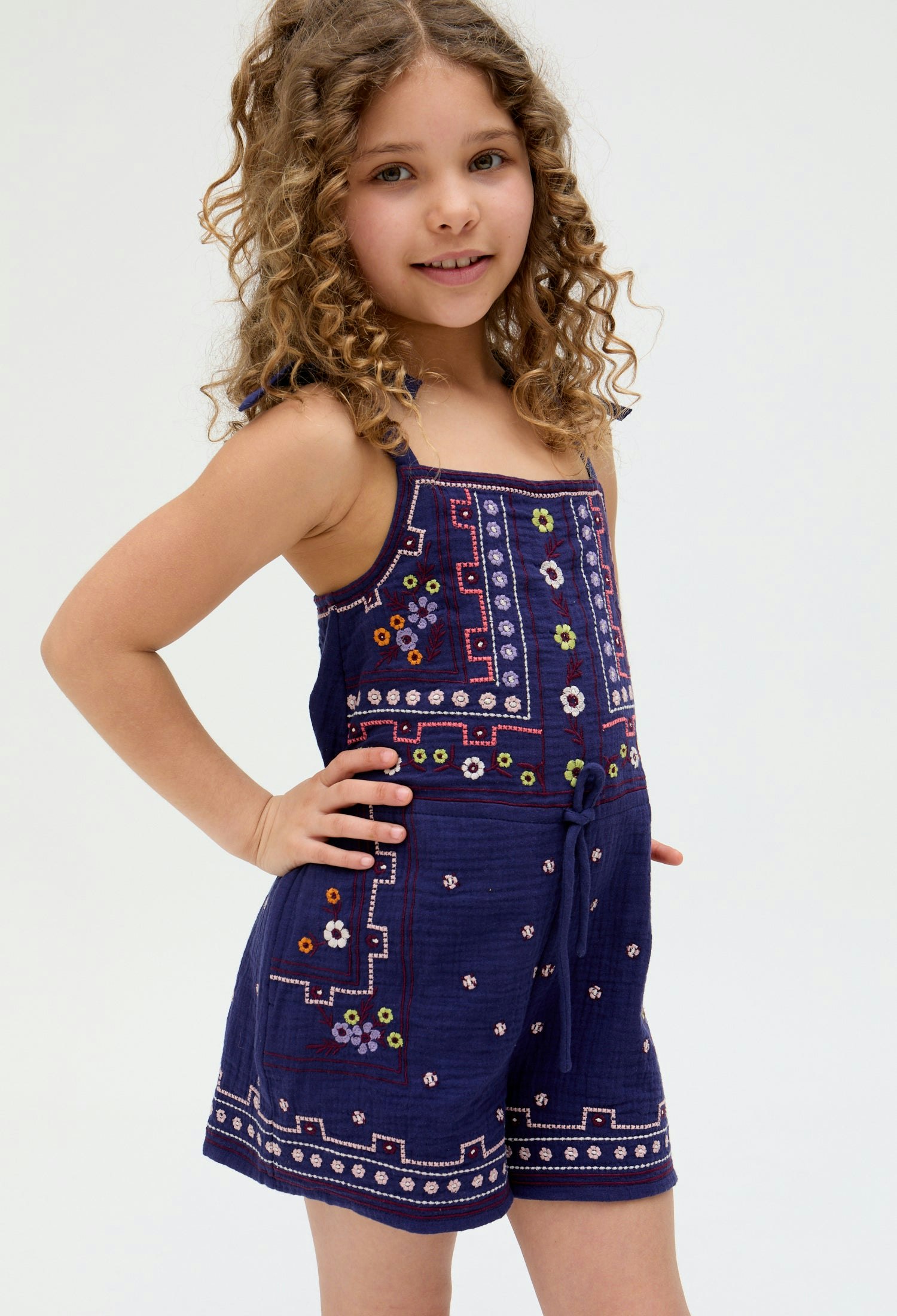 Raffya Light Kids Sailor Necktie All Over Embroidered Playsuit In Navy - 3 Years