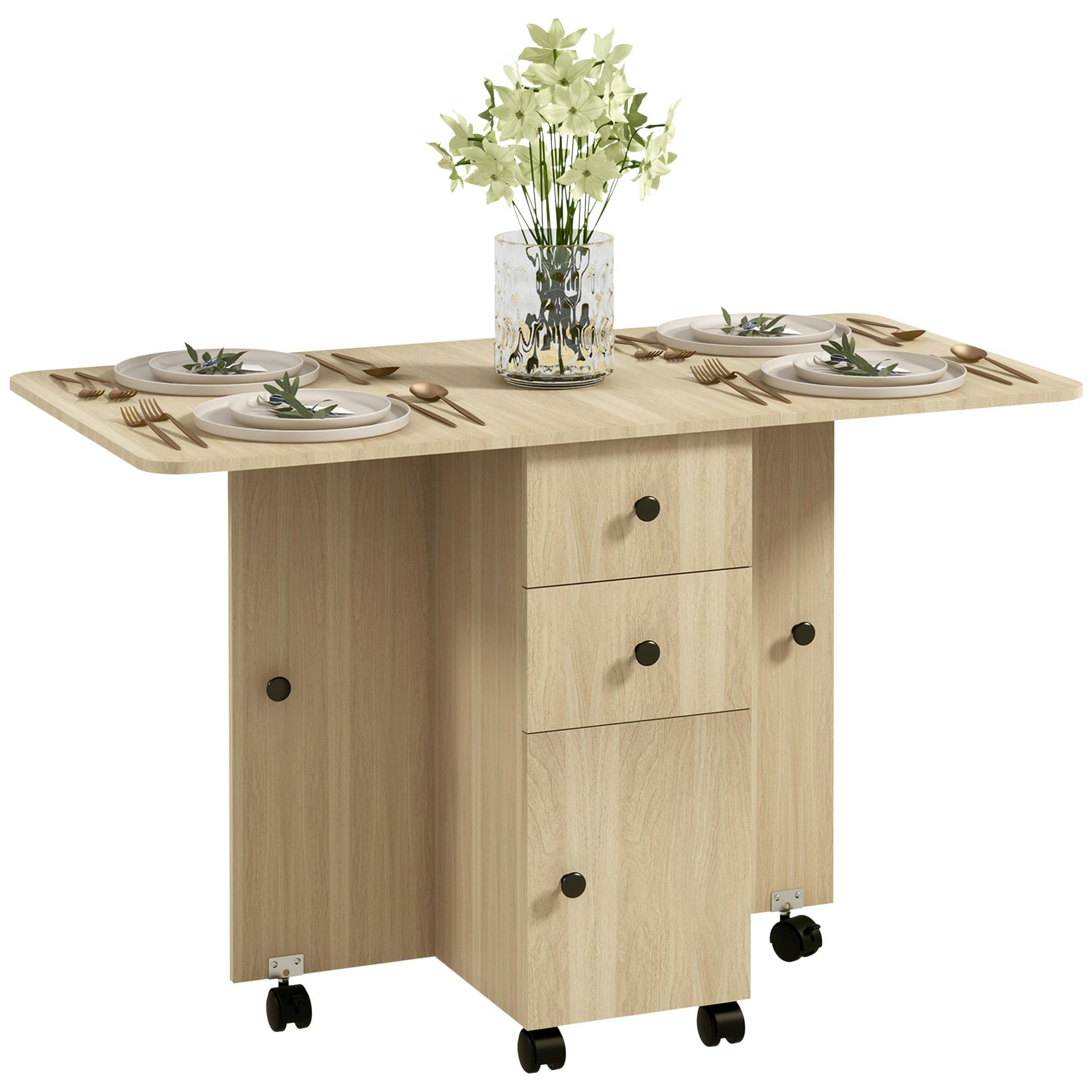 Rackhams Folding Dining Table, Drop Leaf Table With Storage Drawers - Natural Wood Small