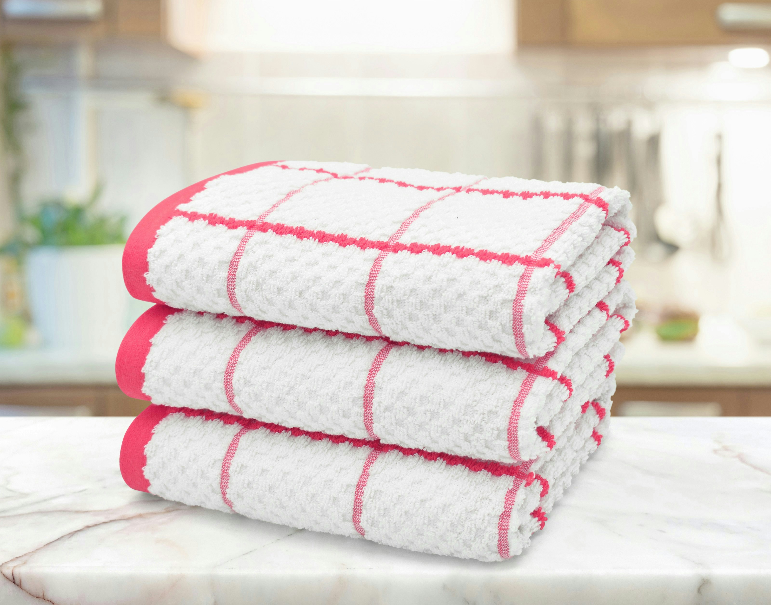 Velosso Pink Embroiderd Woven Checked Cotton Tea Towel 3 Pack - One Size