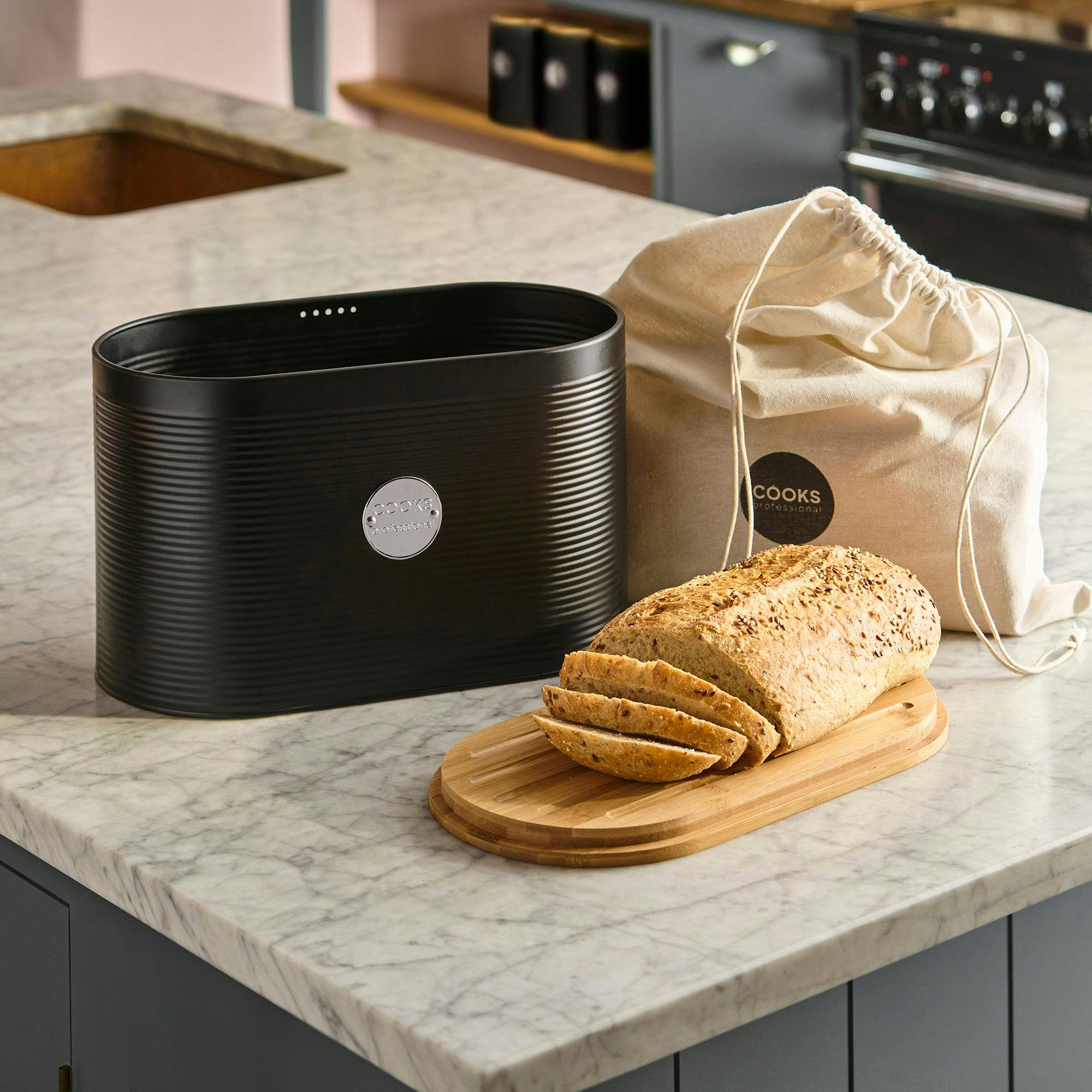 Rackhams Black/Silver Bread Bin, Linen Bag And Bamboo Board Set |