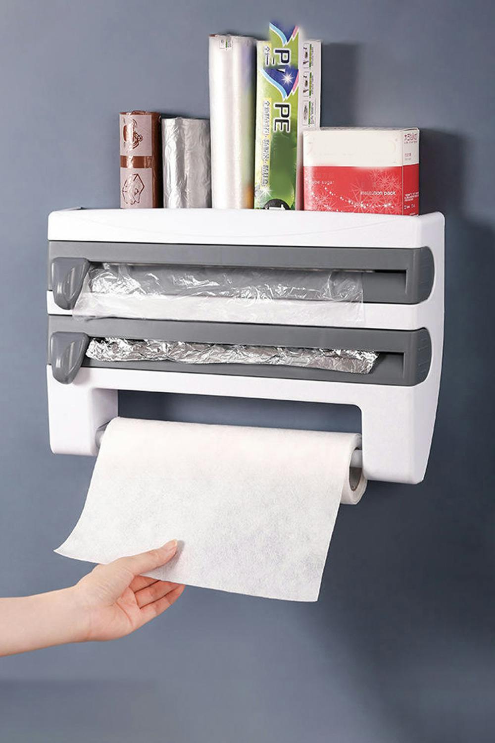 Rackhams Grey 4-In-1 Kitchen Wrap Dispenser Roll Holder With Spice / Towel Rack Cling Film Foil Cutter - One Size