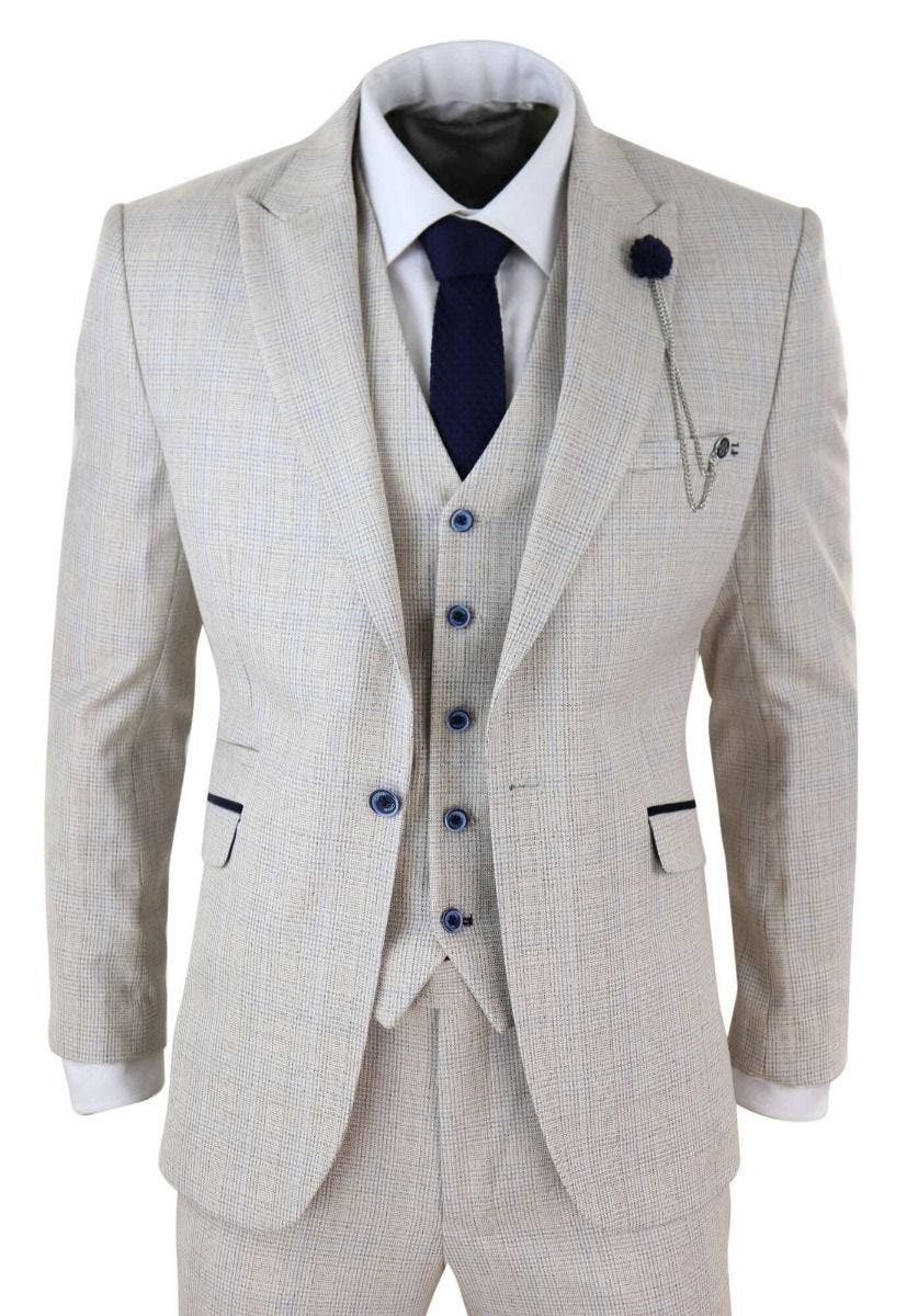 House Of Cavani Men's Cream 3 Piece Check Tweed Herringbone Vintage Classic Suit - 40" Jacket 34" Trousers