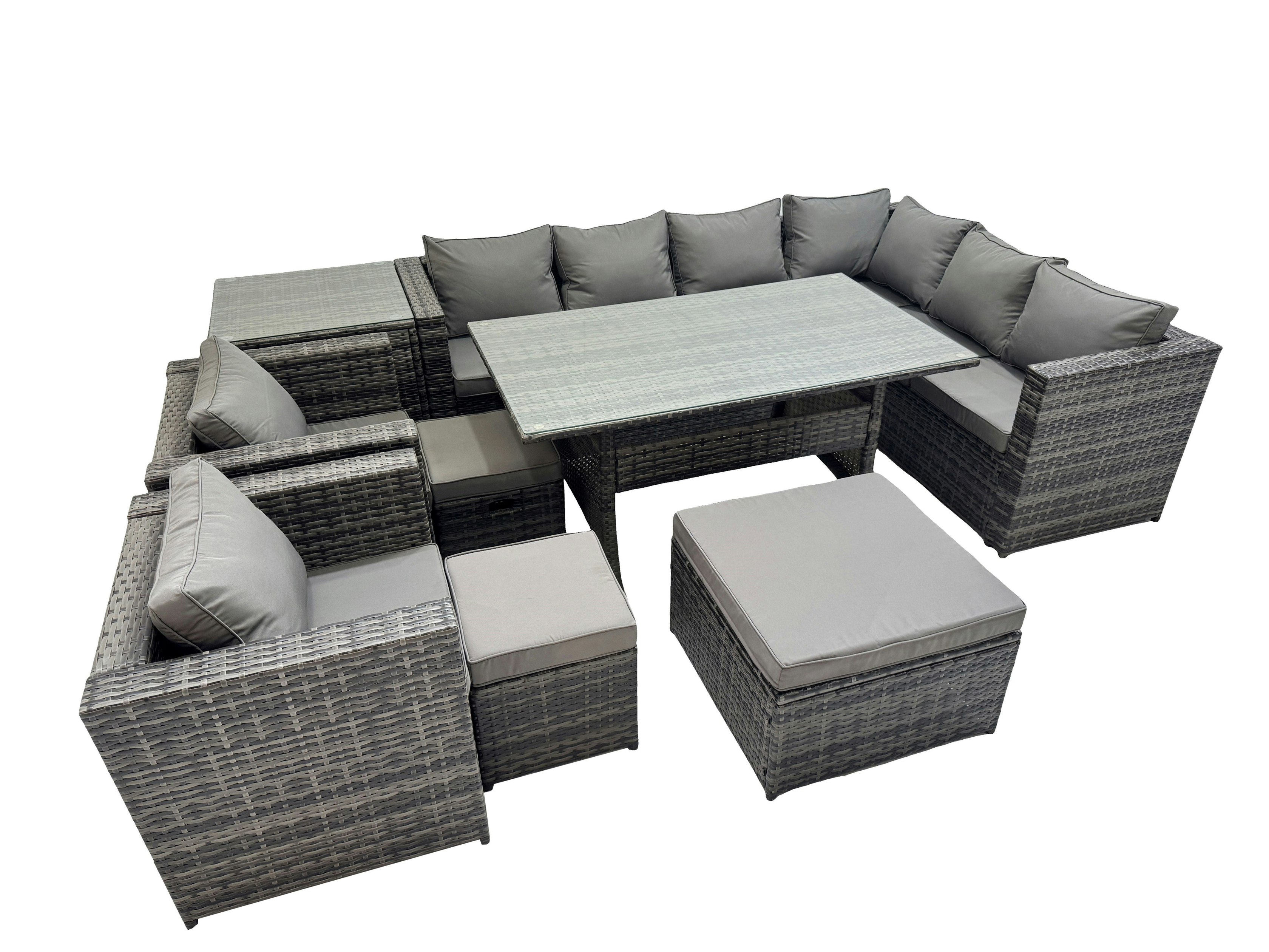 Rackhams Dark/Grey Rattan Garden Furniture Set Outdoor 11 Seater Patio Dining Corner Sofa Sets With Dining Table 2 Chairs 3 Stools Side Table Mixed