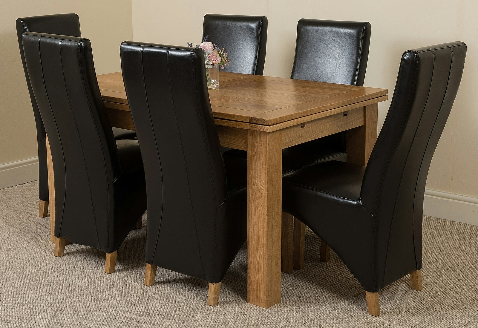Rackhams Black Richmond Medium Oak Extendable Dining Table With Lola Leather Chairs - 6 Chairs