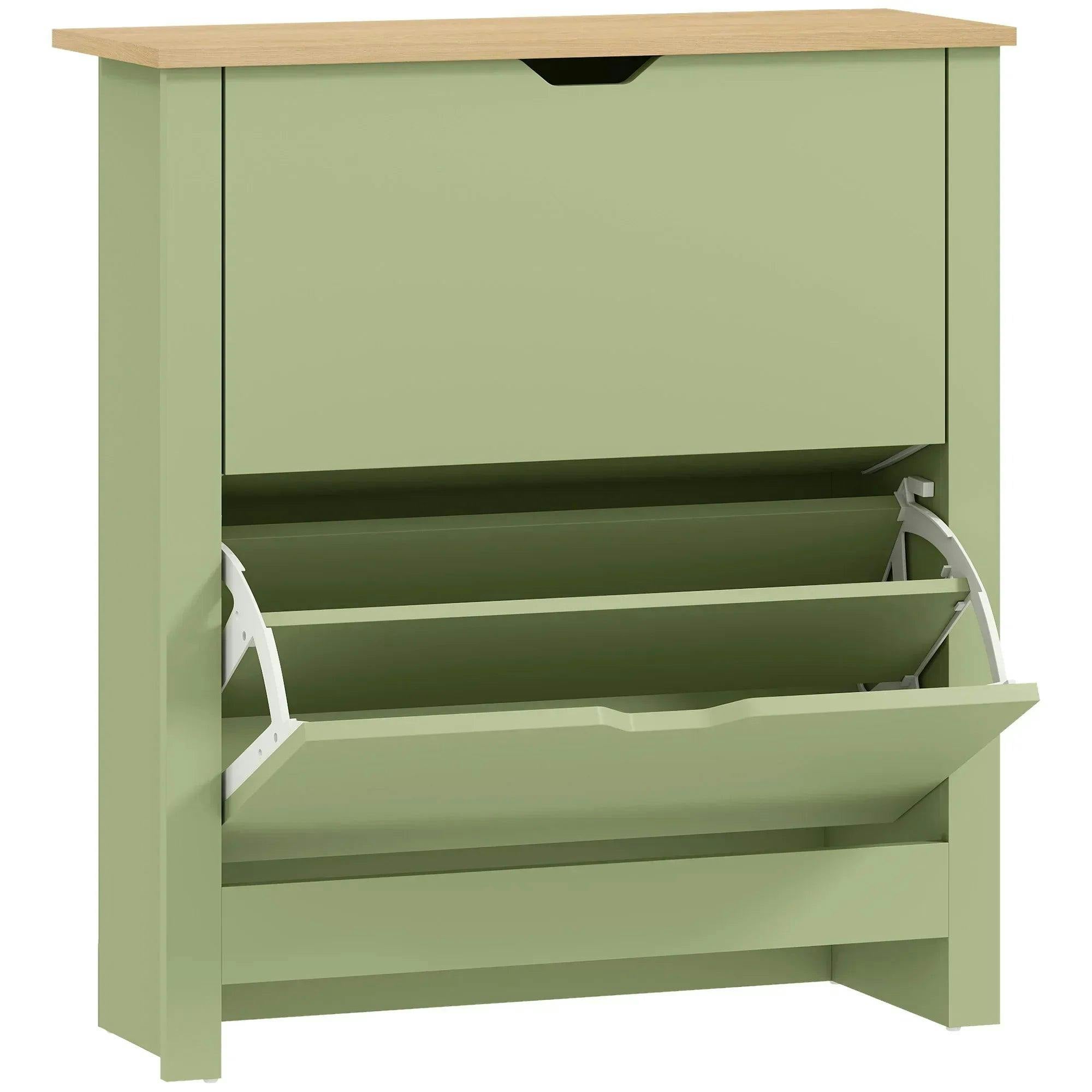 Homcom Green 12-Shoe Storage Cabinet 4 Shelves 2 Drawers Tabletop - Image 6