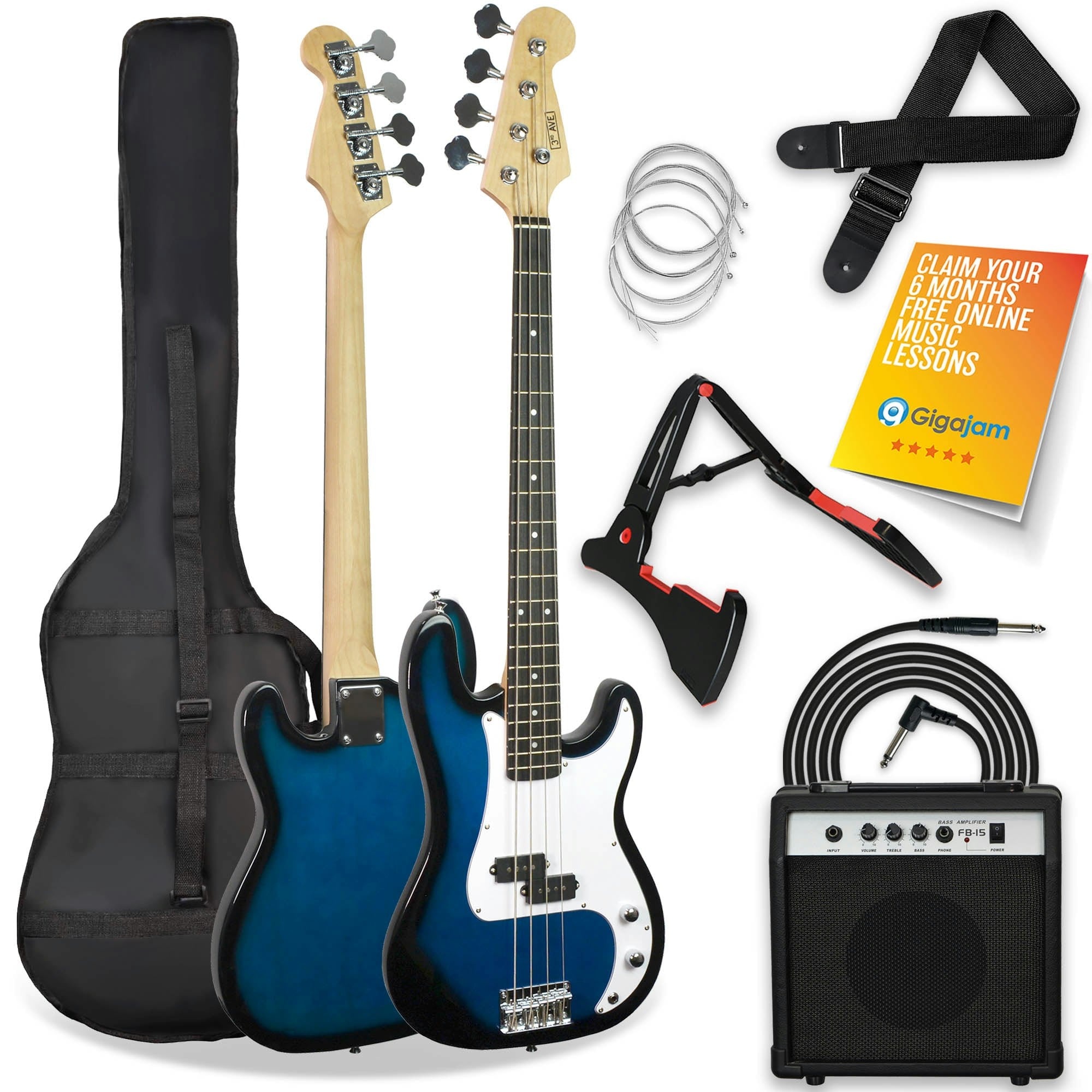 3Rd Avenue White Electric Bass Guitar Pack - Blueburst