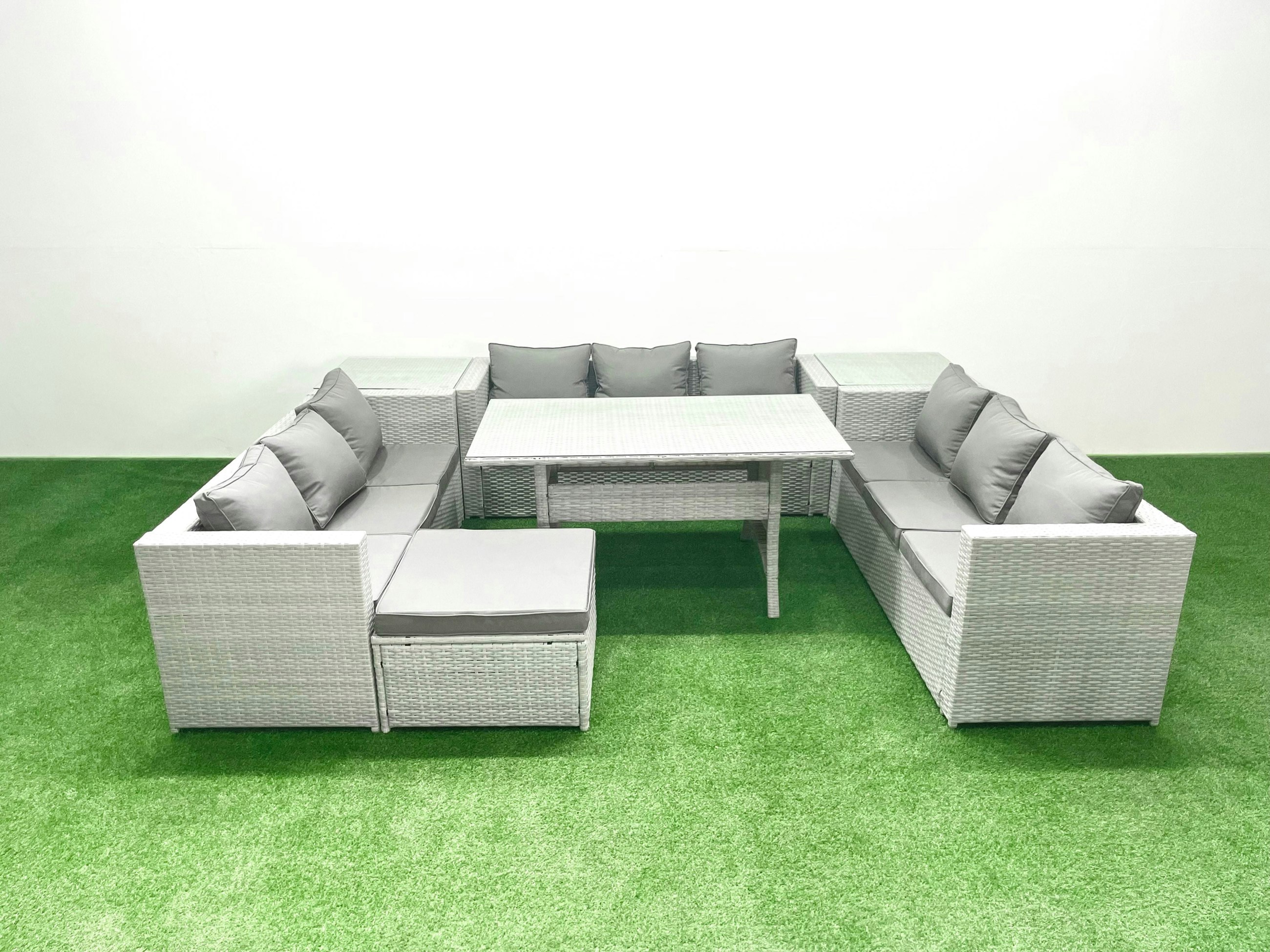 Rackhams Light/Grey Rattan Garden Outdoor Furniture Set Seater Garden Sofa Rectangulr Dining Table Set With Big Footstool 2 Side Tables Mixed Size 10