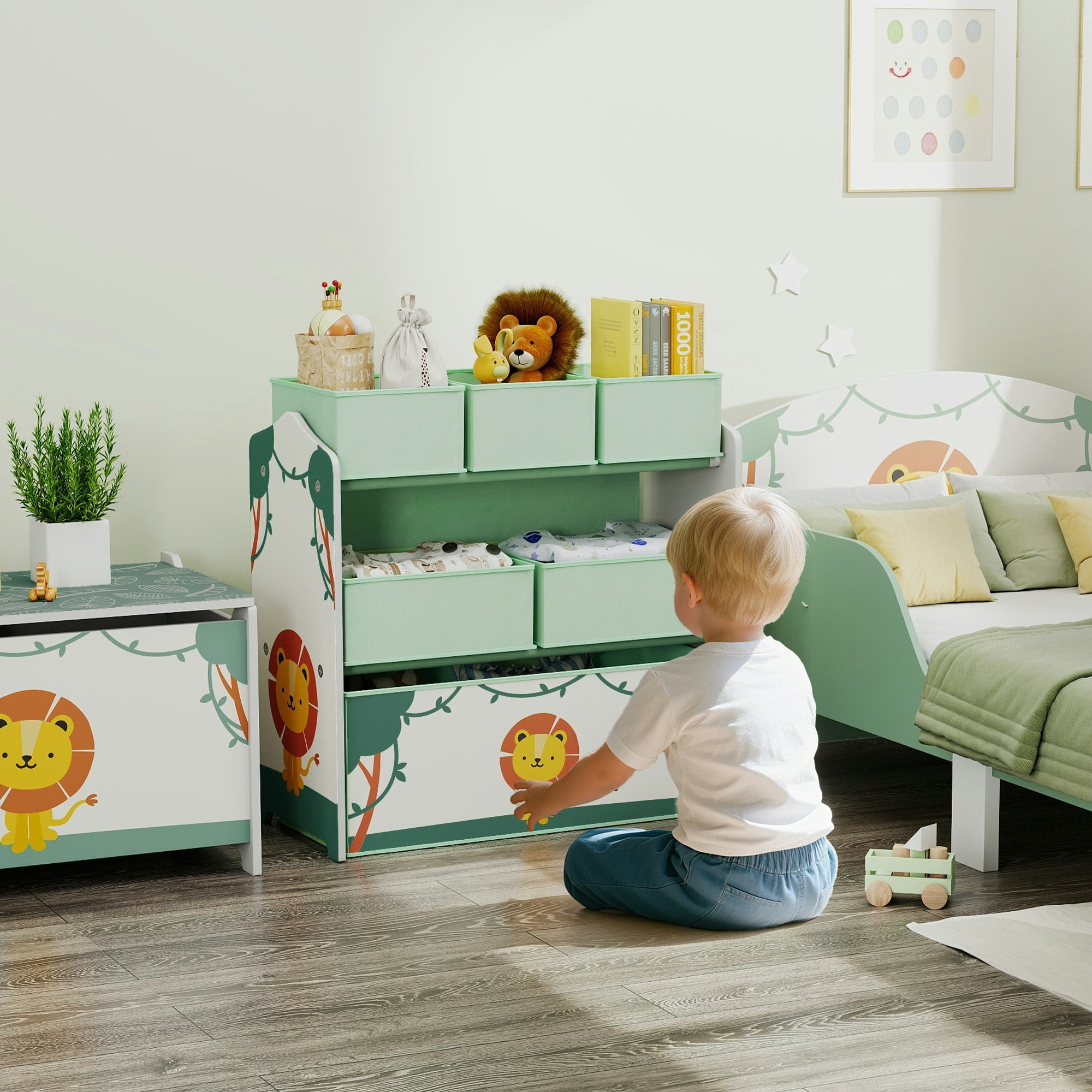 Rackhams Pink/Green 3-Tier Kids Storage Shelf With 6 Removable Fabric Boxes, - 63L X 30W X 66Hcm