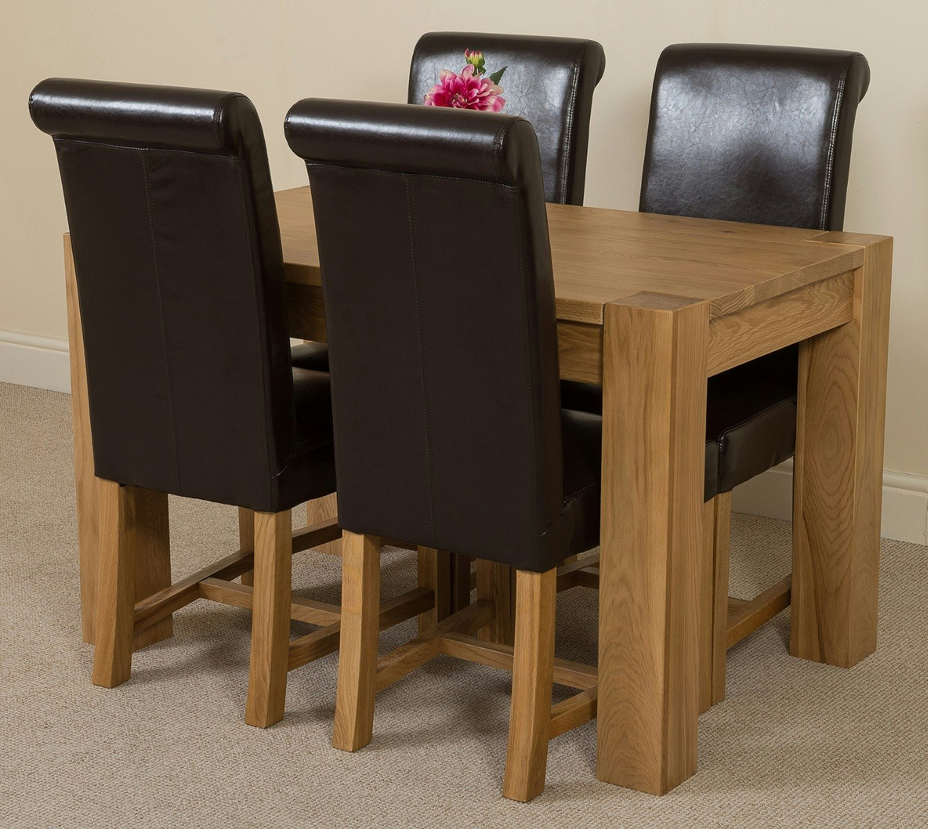 Rackhams Brown Kuba Oak Dining Table With Washington Leather Chairs - 4 Chairs Small