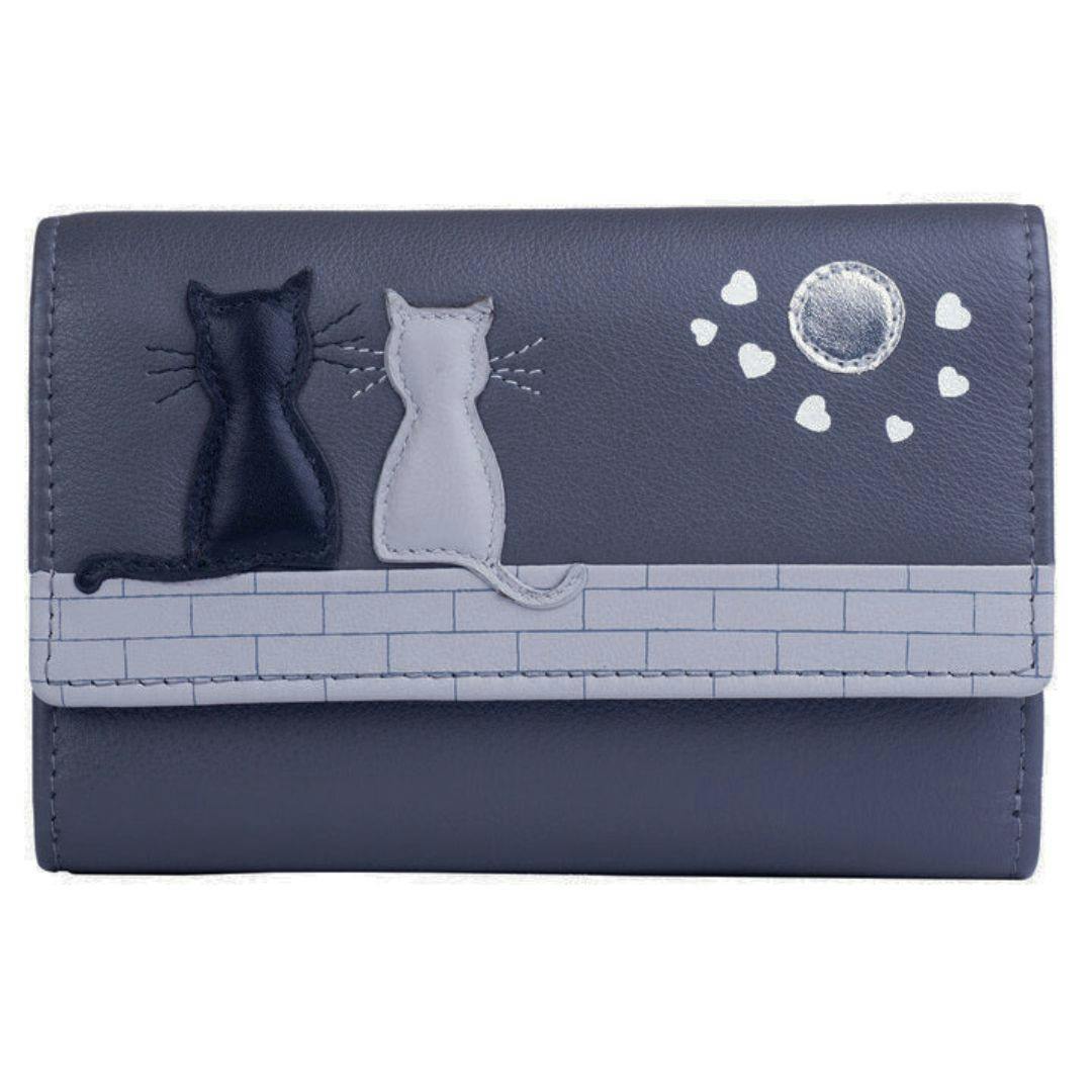 Mala Leather Grey Midnight Cats Trifold Purse – Genuine Leather, Rfid Protected