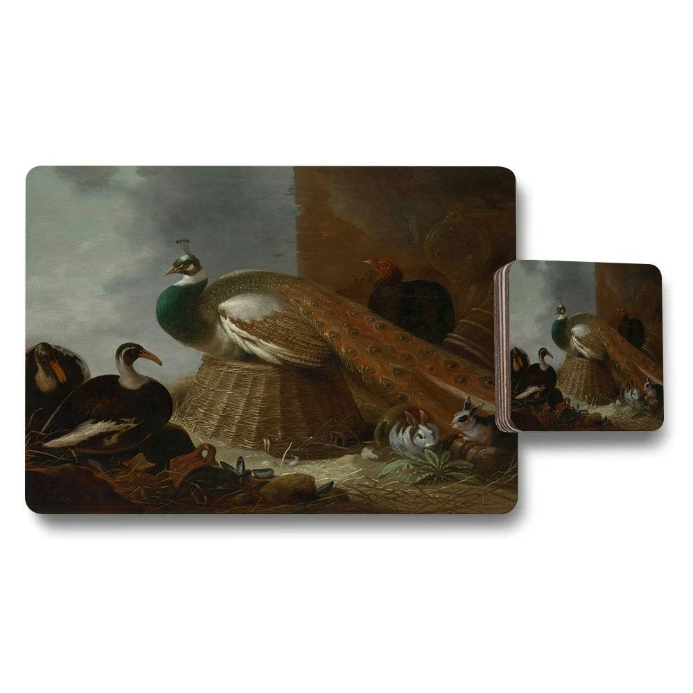 Rackhams Peacock And Birds Art Placemat And Coaster Set For Kitchen Decor