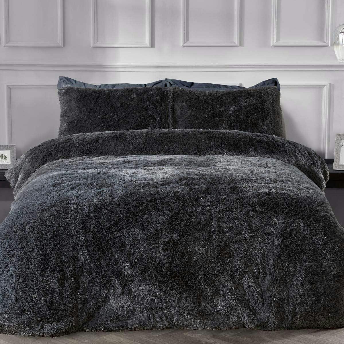 Smart Living Teddy Long Pile Faux Fur Duvet Cover With Pillowcases - Charcoal - Single (135Cm X 200Cm)