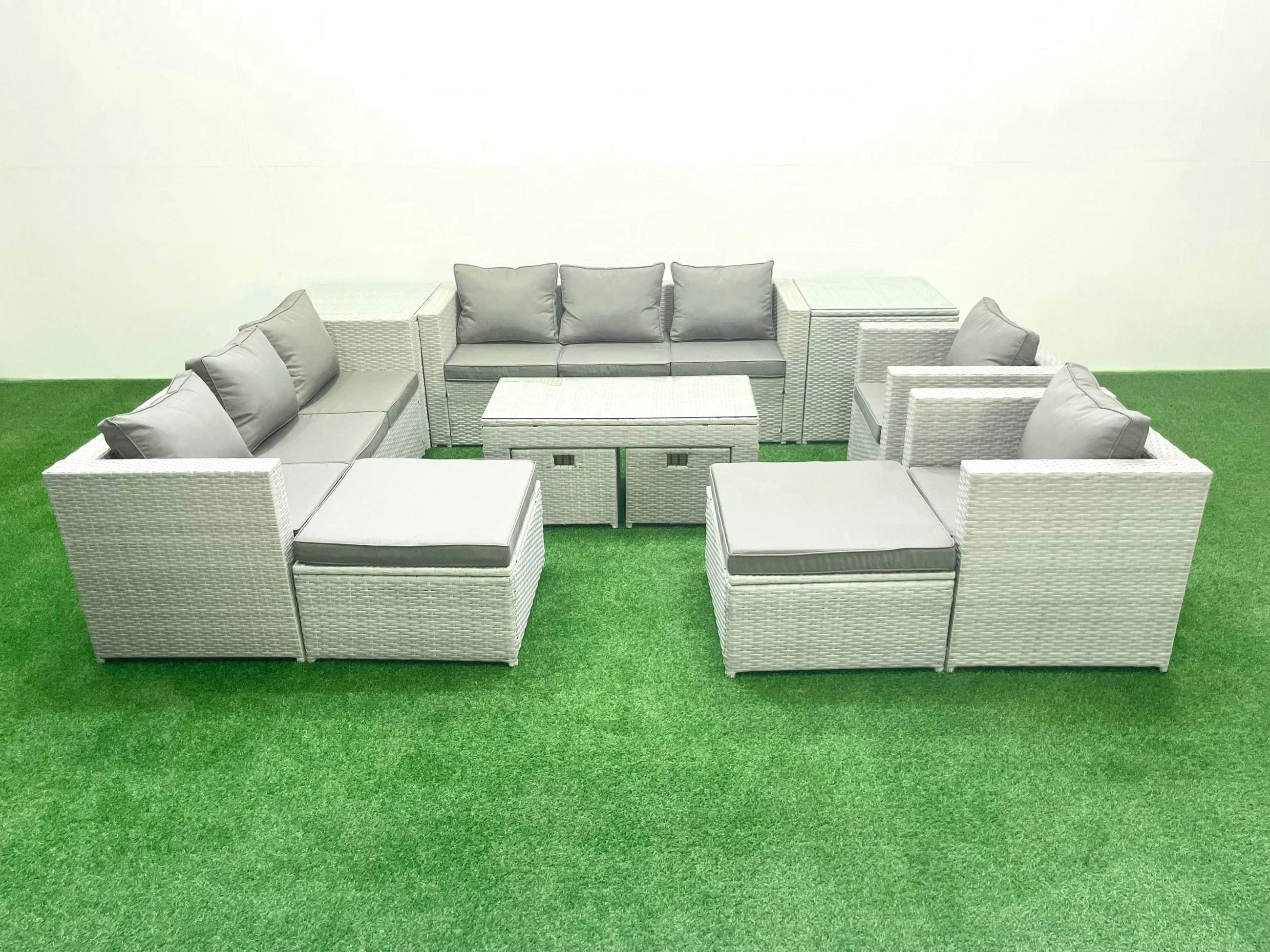 Rackhams Light/Grey Rattan Garden Furniture Set Outdoor Lounger Sofa With Coffee Table 4 Footstools 2 Side Tables Mixed 12 Seater
