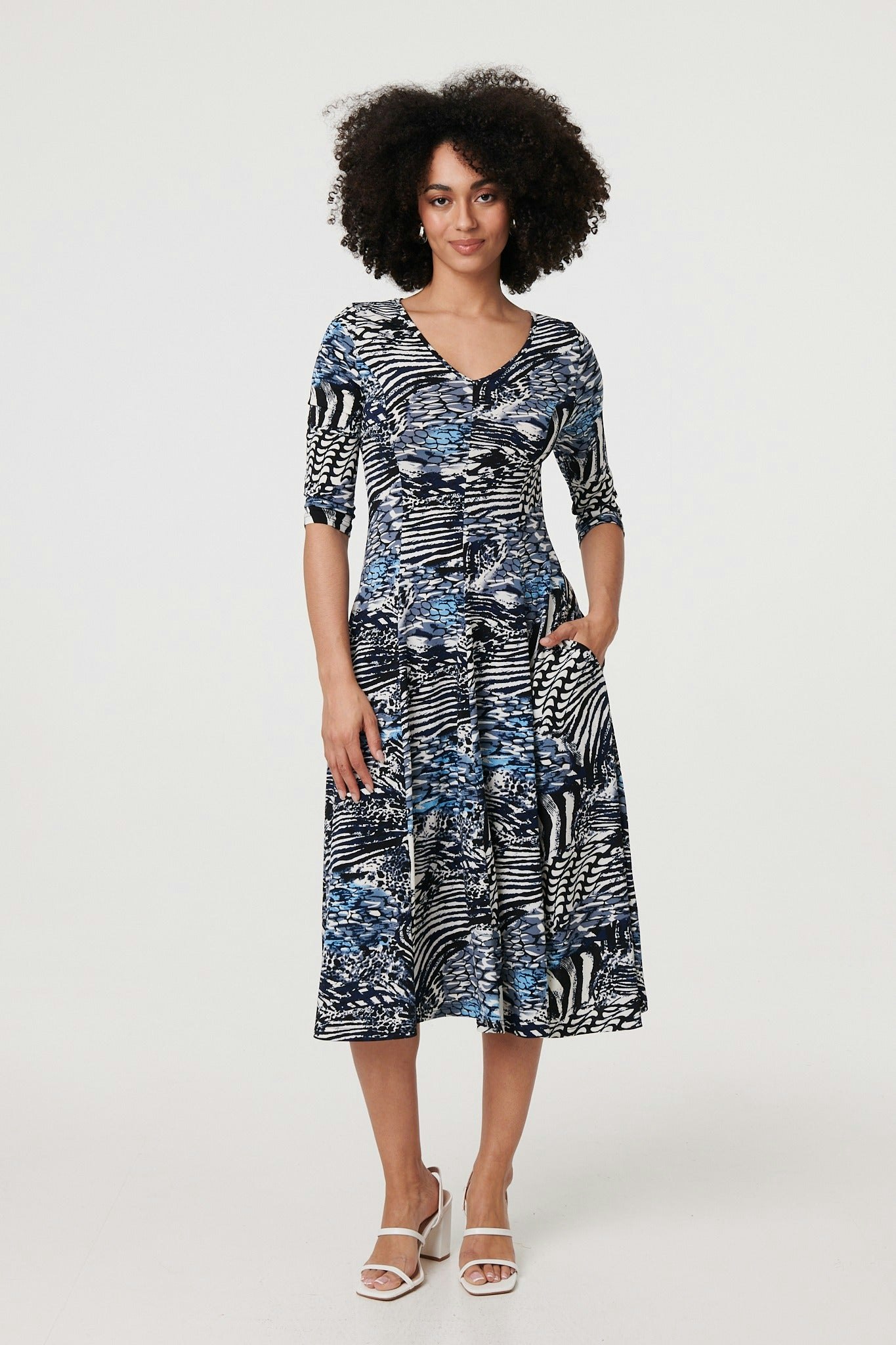 Izabel London Blue Abstract V-Neck 3/4 Sleeve Midi Dress - Size 16