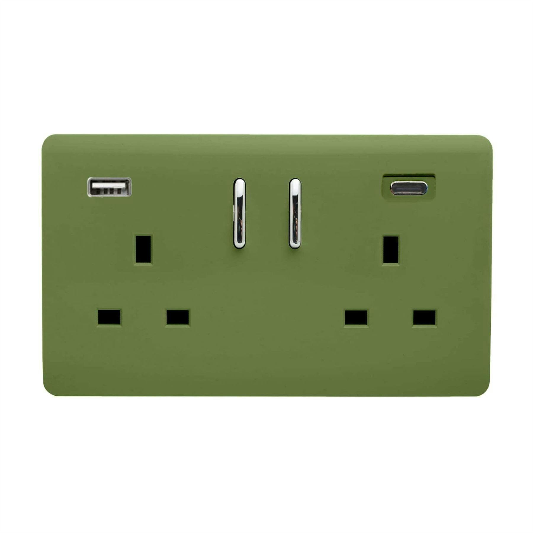Trendi Switch Green 2 Gang Usb 3100Ma Type A & C Usb Plug Socket In Moss