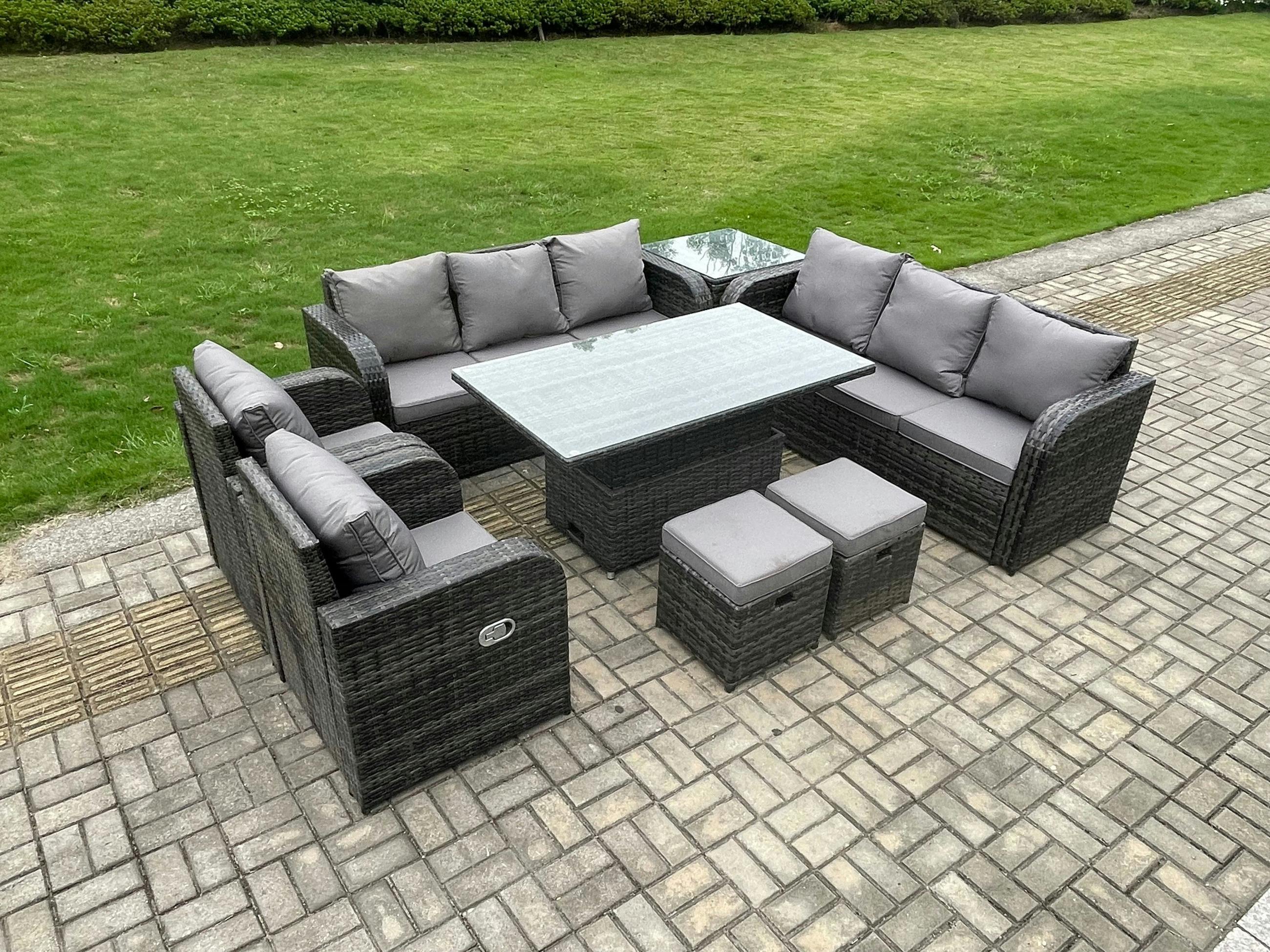 Fimous Dark/Grey 8 Seater Rattan Garden Furniture Set With Adjustable Dining Table, 2 Sofas, 2 Reclining Chairs, 1 Side Table, 2 Footstools - Mixed