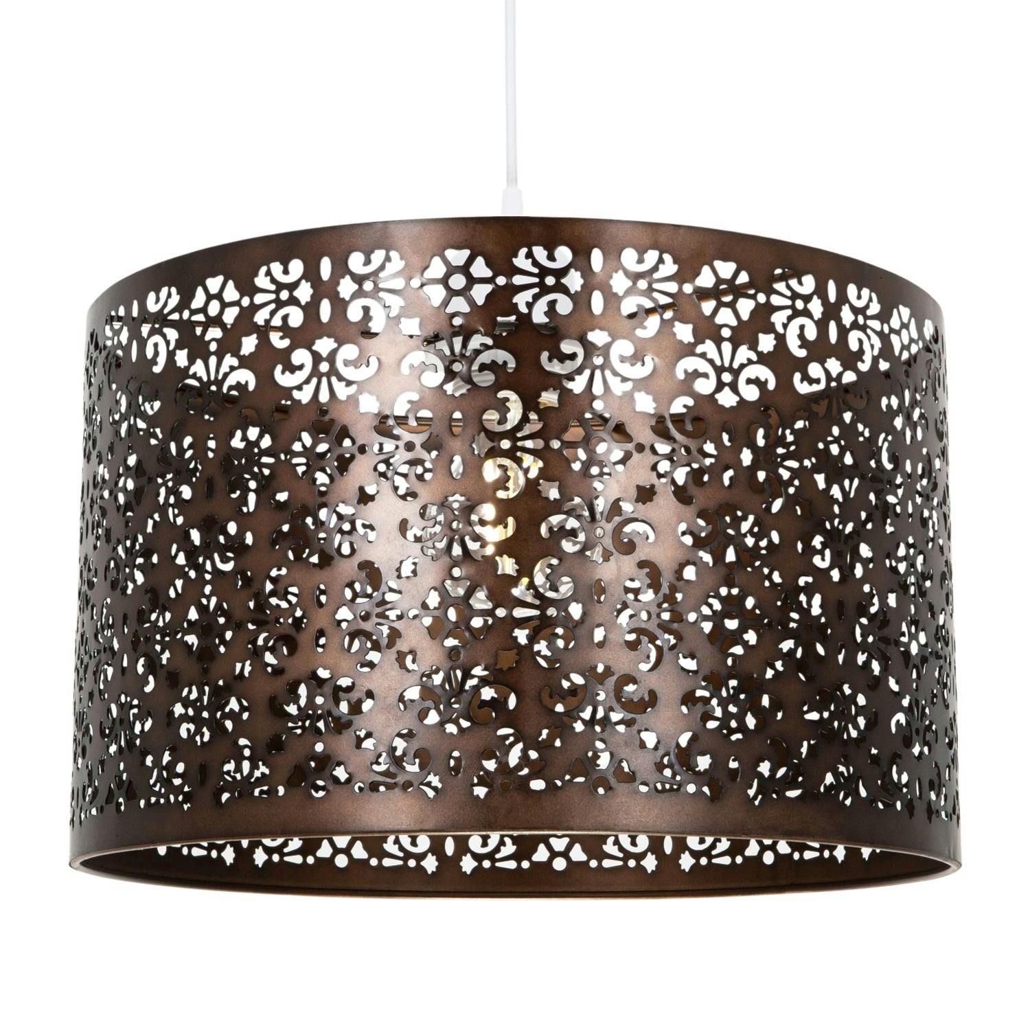 Happy Homewares Bronze Moroccan Designed Large Metal Pendant Shade With Floral Decor