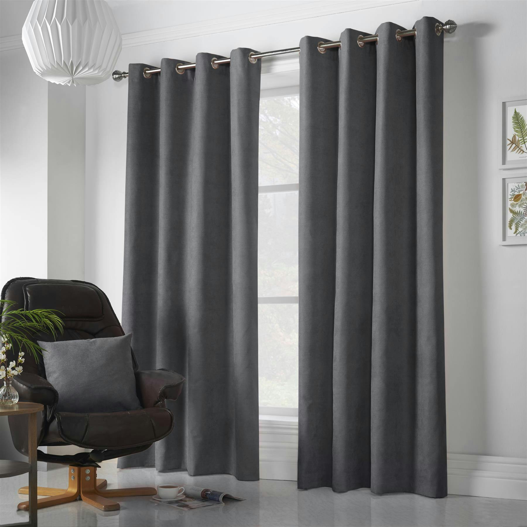 Rackhams Grey Velvet Chenille Ring Top Curtains - 142Cm Width X 183Cm Drop