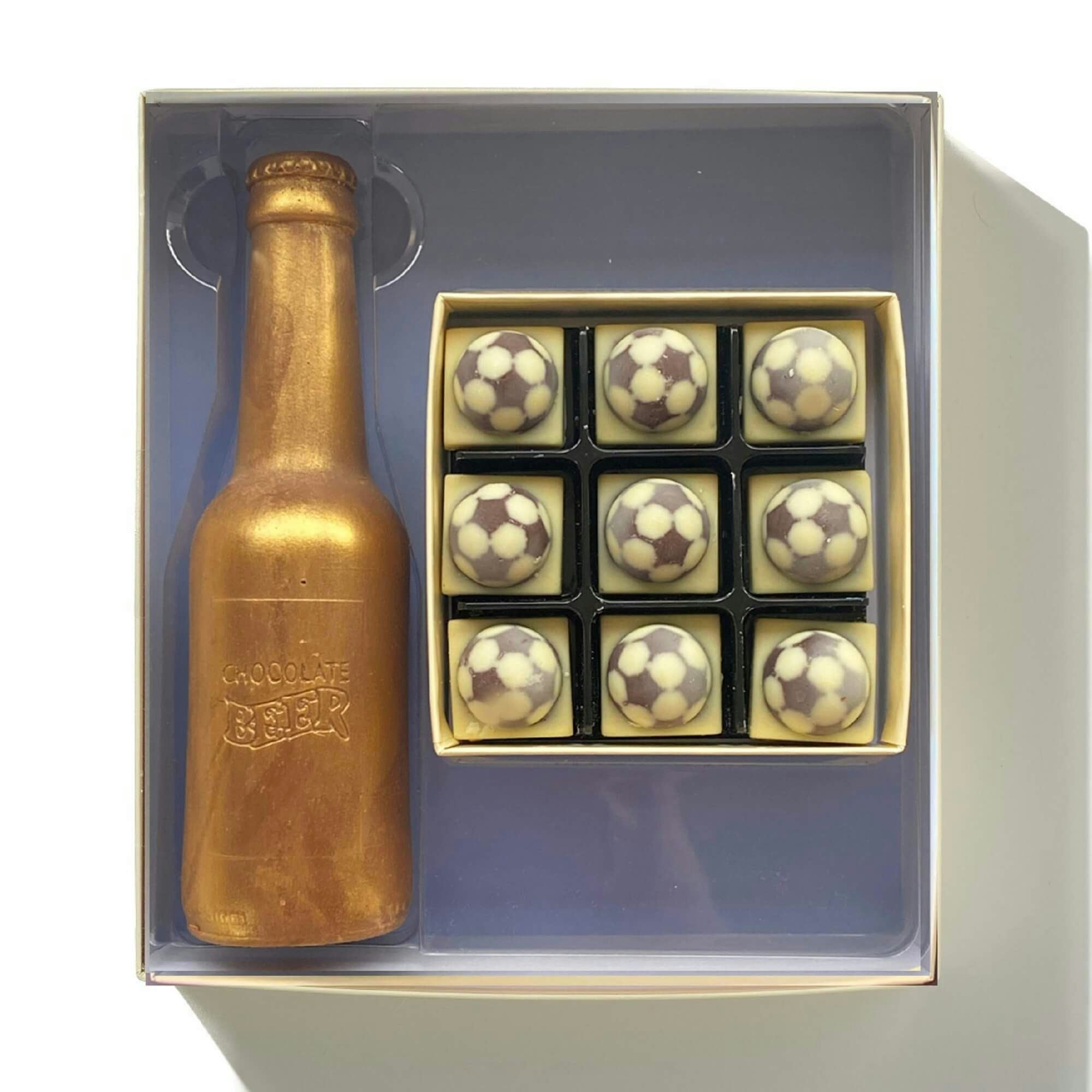 Choc On Choc White/Dark Chocolate Beer Bottle And Footballs