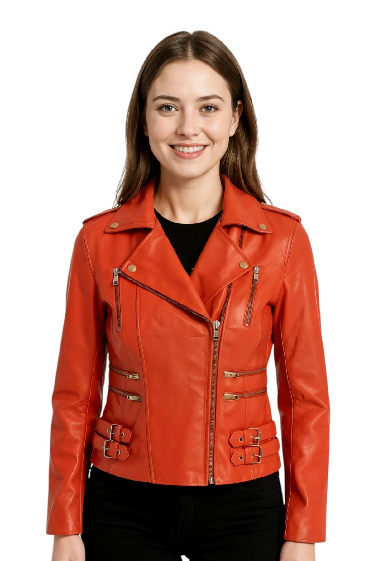 Infinity Leather Women's Orange Leather Vintage Brando Biker Jacket-Orlando - Uk 3XL/20 | Eu 46 | Us 16
