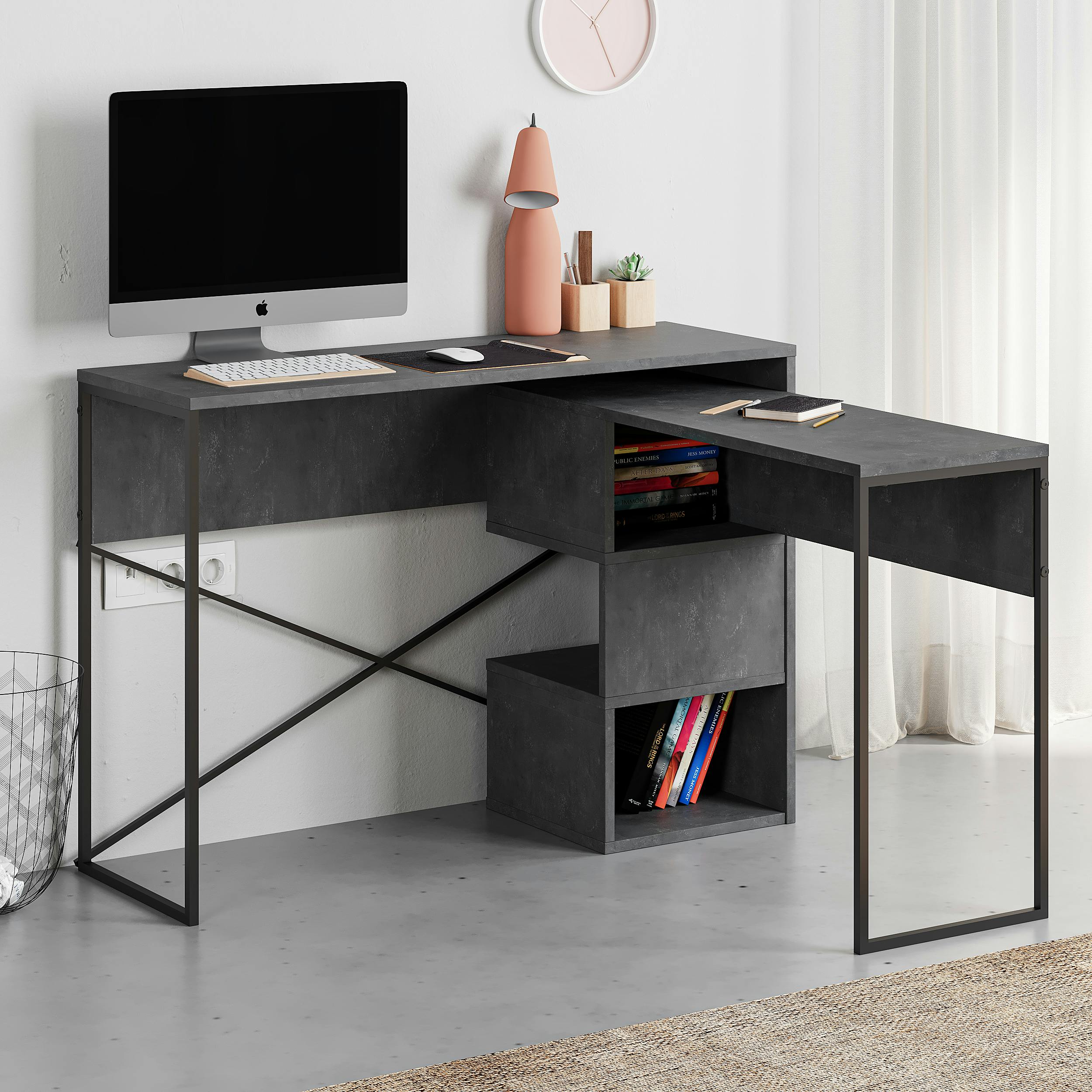 Decortie Grey Modern Badau L-Shaped Computer Desk Metal Legs 3 Adjustable Storage Shelf Extra Table 110Cm(W) Work Pc Office - Retro