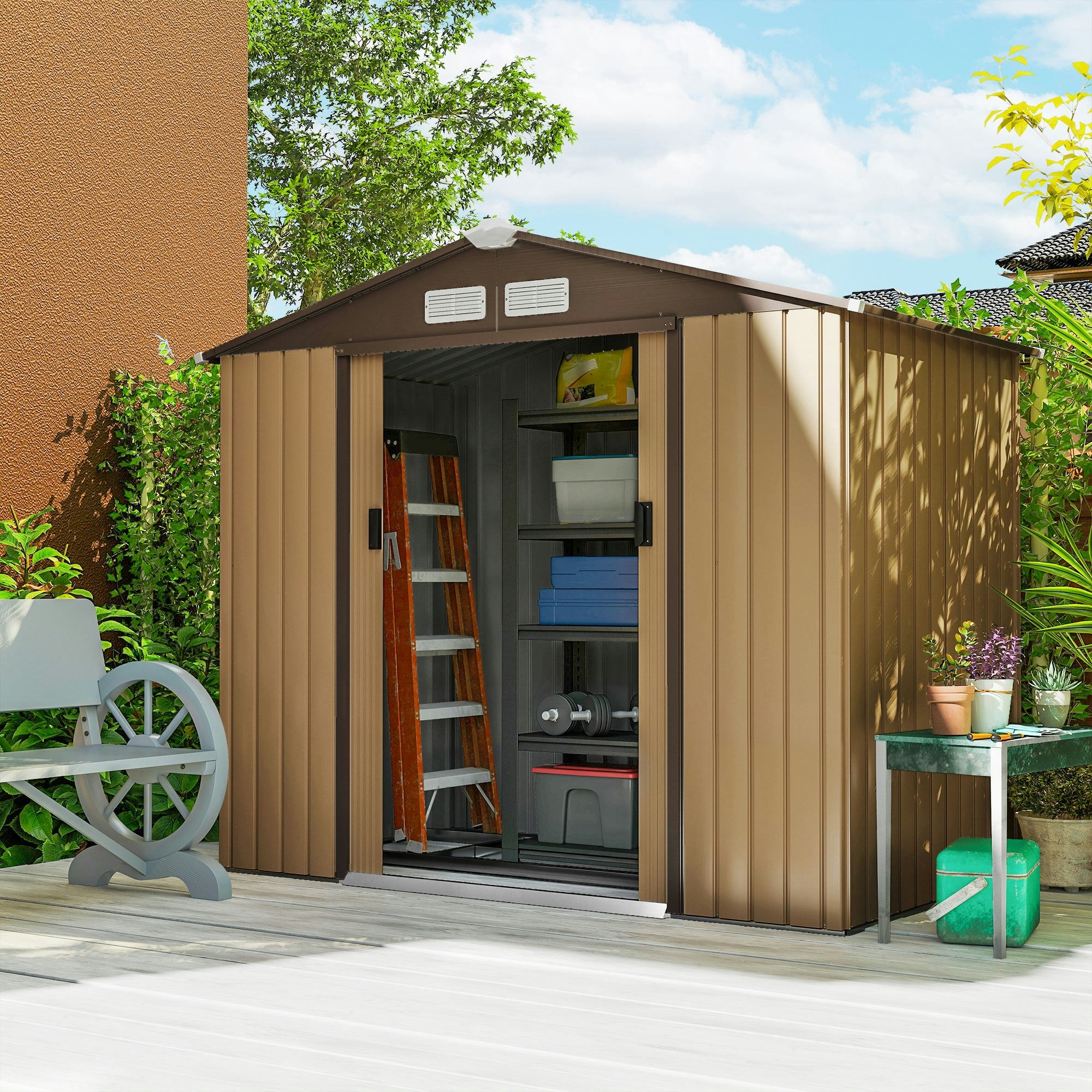 Rackhams Light/Brown 7 X 4Ft Garden Shed Storage W/ Foundation Kit, Vents,