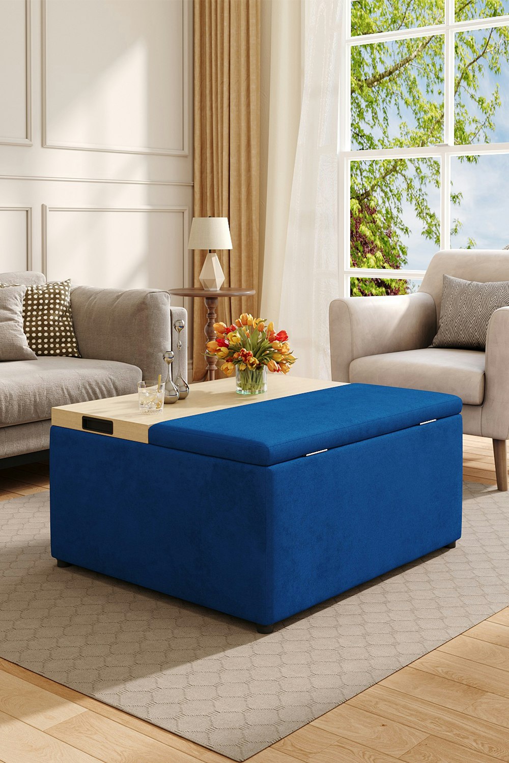 Rackhams Blue Velvet Upholstered Storage Ottoman Stool