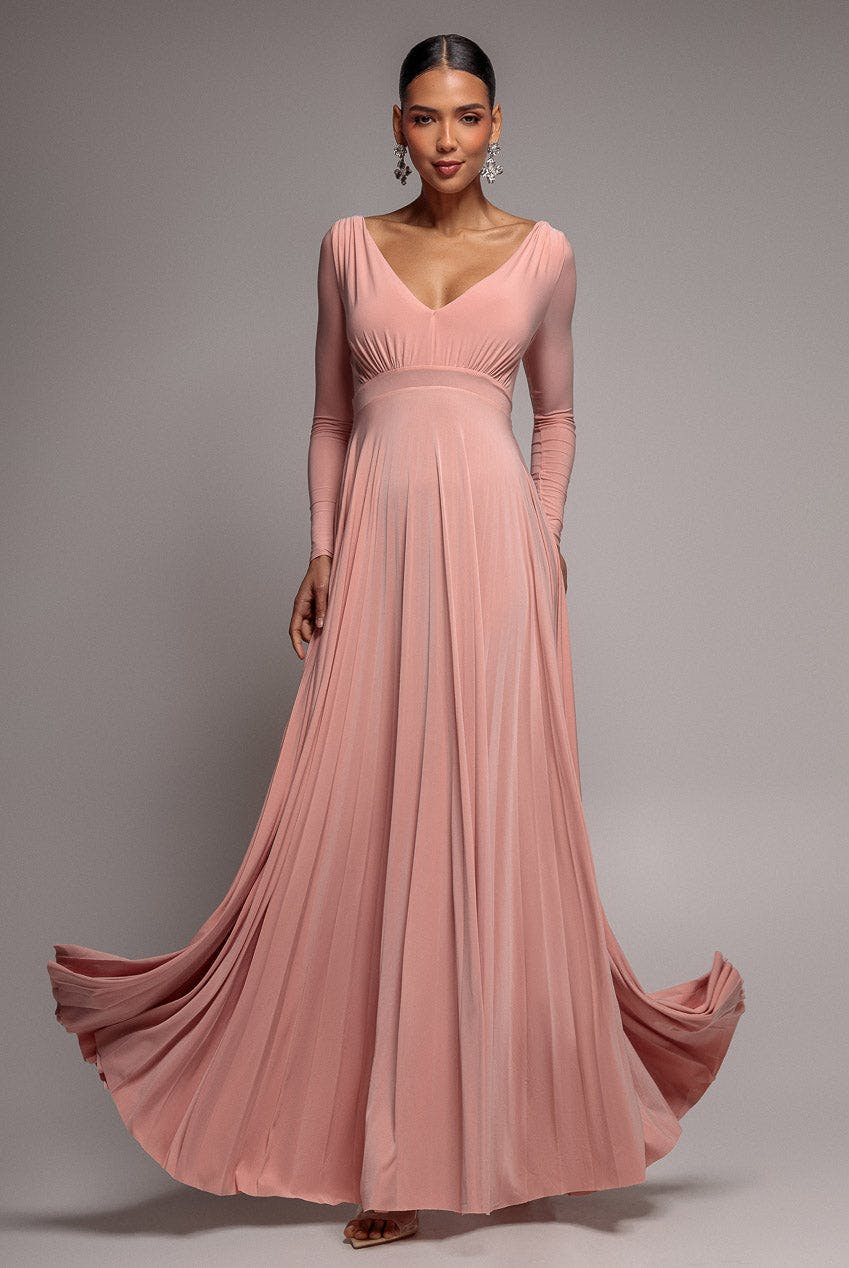 Goddiva Pink Plunge Neck Long Sleeve A Line Maxi Dress - Blush By - Blush - 12