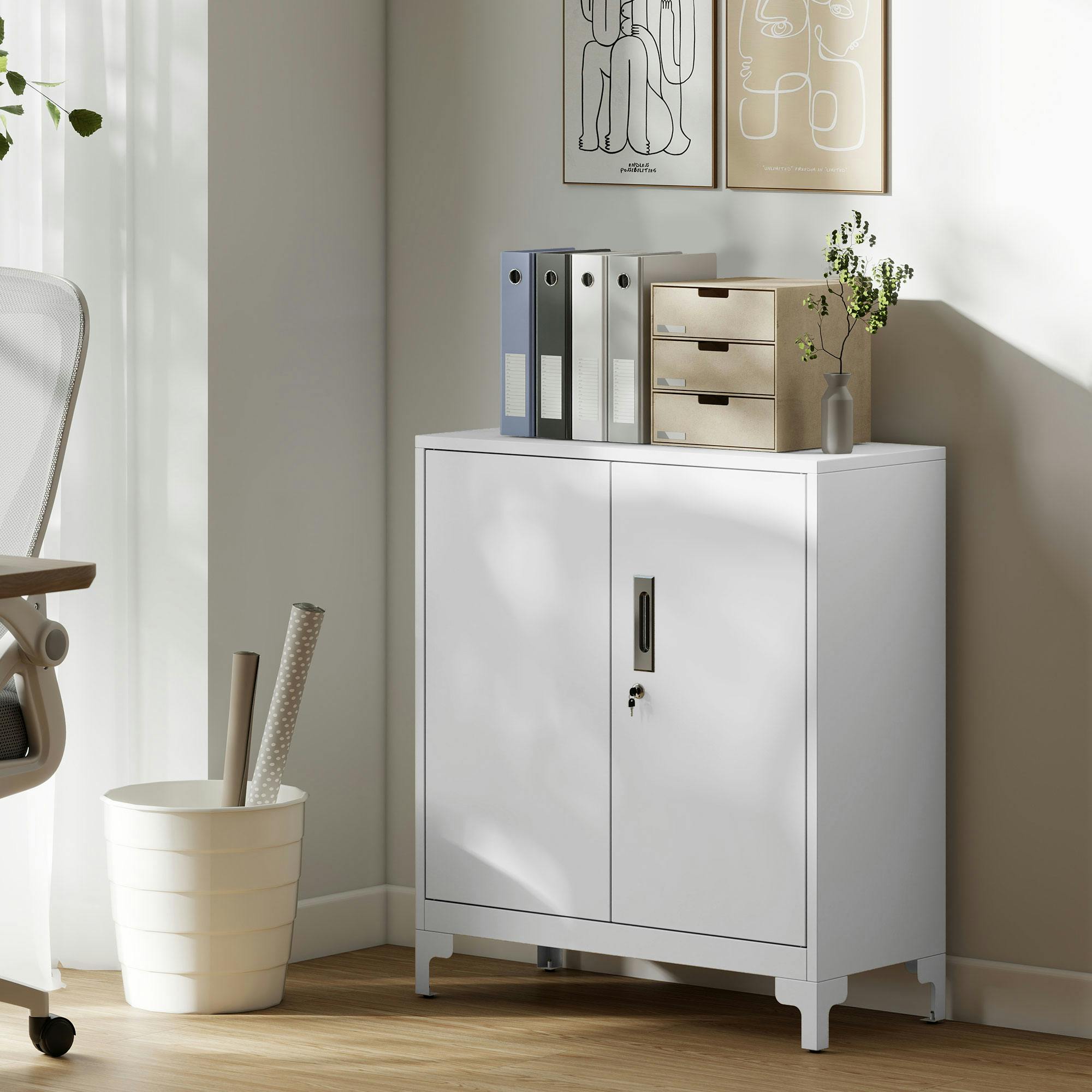 Rackhams White Lockable Metal Filing Cabinet, 2-Tier Storage Cupboard