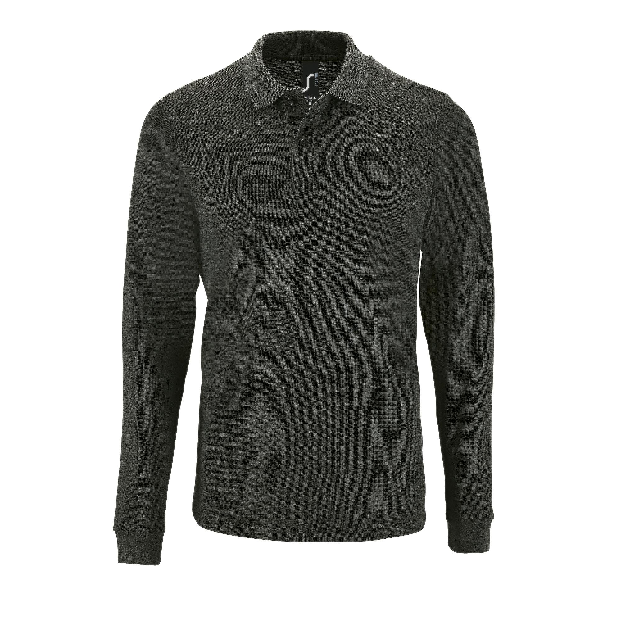Sol's Men's Charcoal Perfect Long Sleeve Pique Polo Shirt In | Size: Medium - Image 2