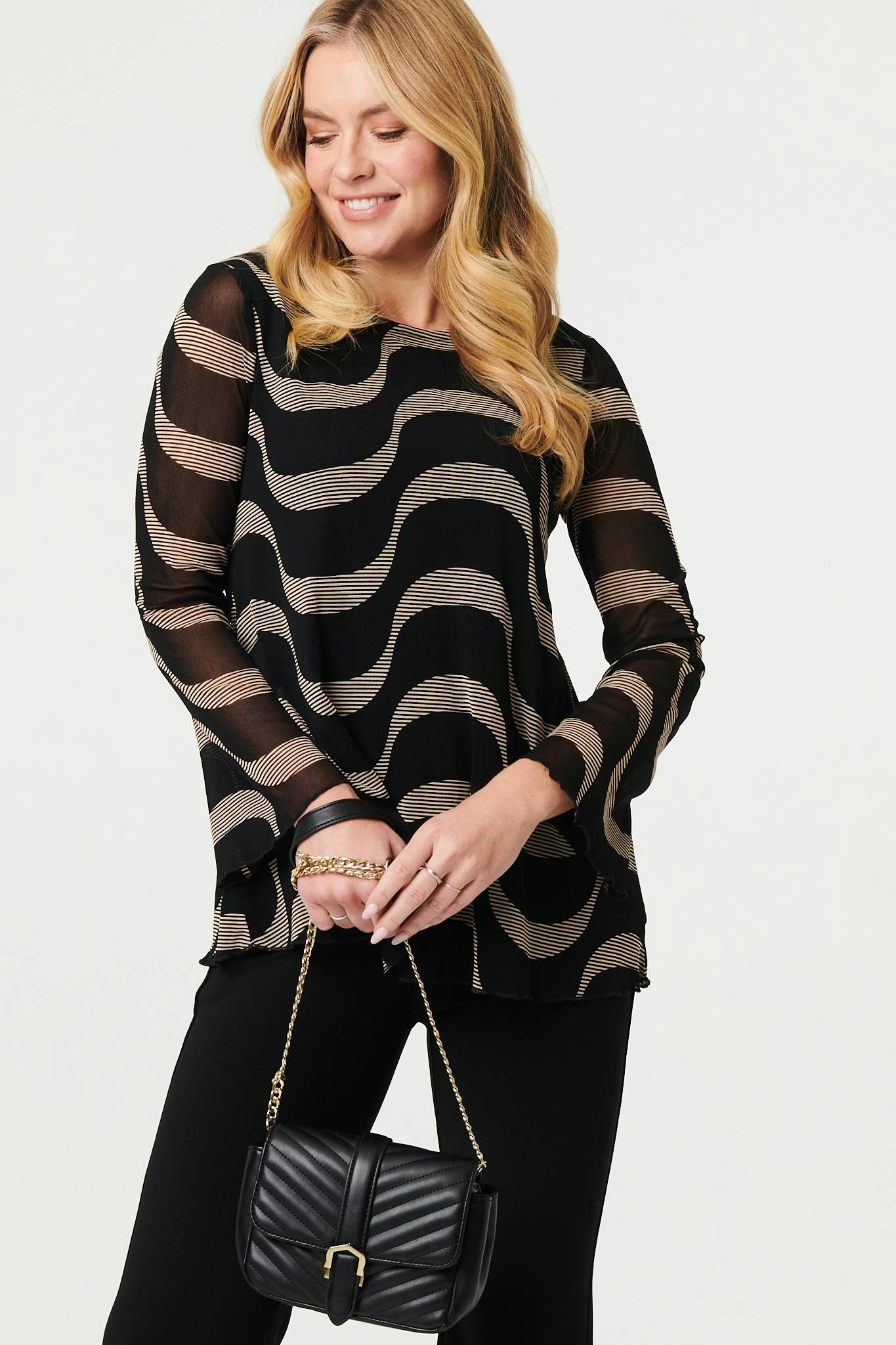 Izabel London Black Printed Semi Sheer Layer Long Sleeve Top - 8